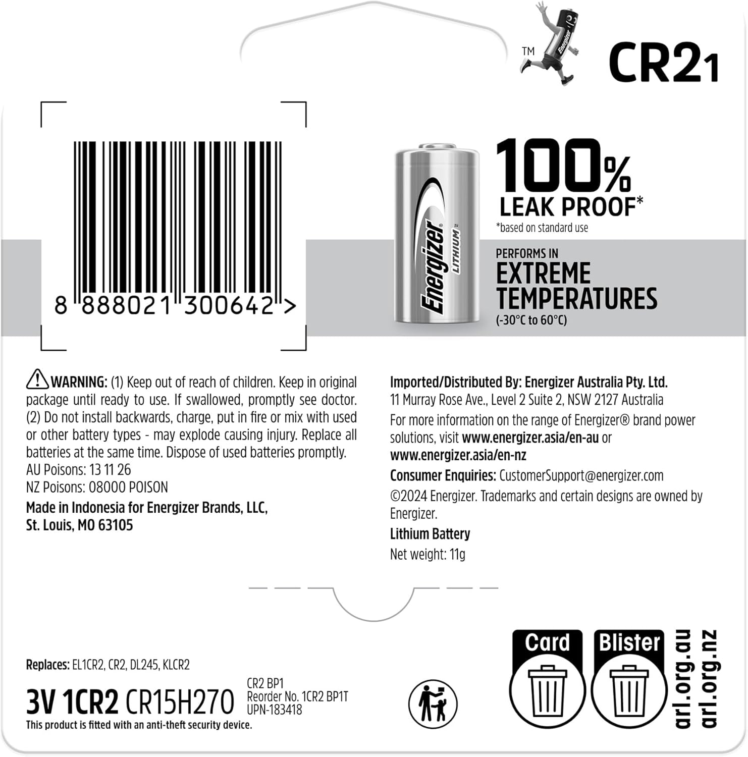 Energizer CR2 Lithium Photo Battery