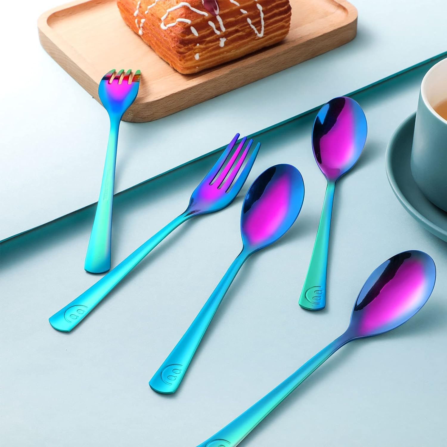 8 Pieces Spoon and Fork Set, Rainbow Utensils Set, Flatware Set, Includes 4 Spoon and 4 Fork with Smile Mirror Polished for Daily Use image number 2