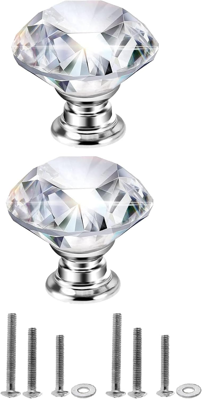 Mtsooning 2Pcs 40Mm Diamond Crystal Glass Knob for Closet Cabinet Drawer Kitchen Dresser Cupboard Wardrobe,3 Size Screws,Clear