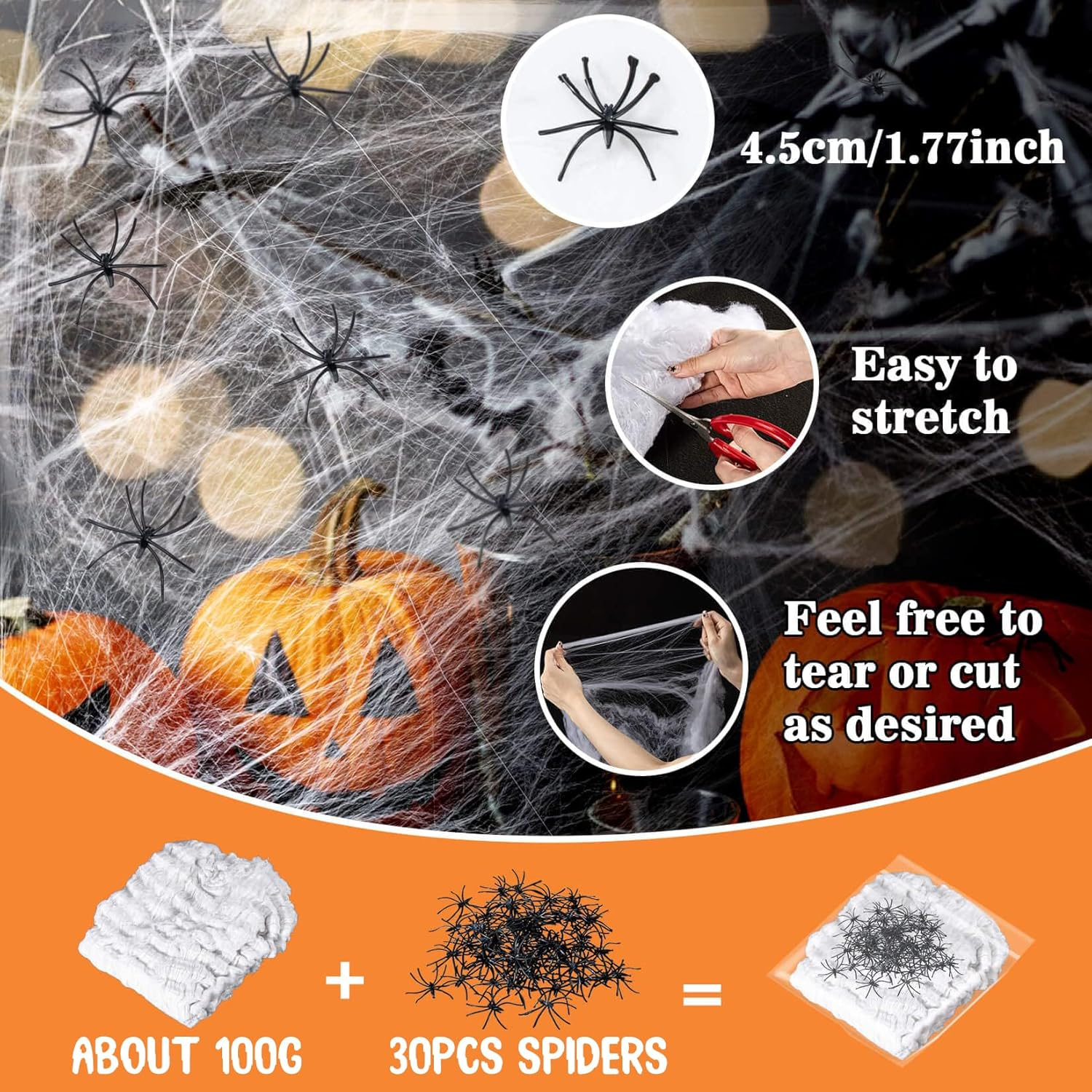 Halloween Spider Web Decorations 800 Sqft Halloween Indoor Outdoor Decor Super Stretch DIY Stretchable Cobwebs White Web with 30 Plastic Fake Spiders for Party Yard Haunted House Decoration image number 5