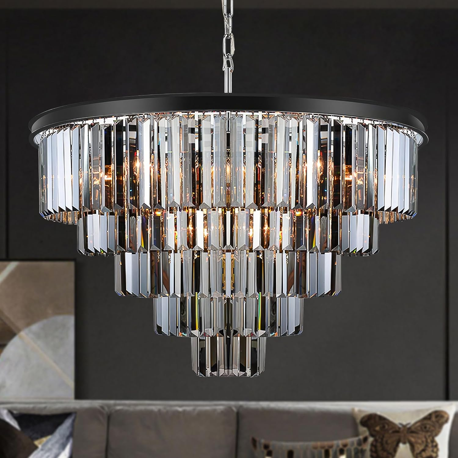 USOR 16 Lights Large Crystal Chandeliers D80Cm H50Cm Modern Luxury Flush Mount Ceiling Light Fixture 3 Colors Hanging Pendant K9 Crystal Chandeliers (Black+Clear Crystal, D80Cm X H50Cm)