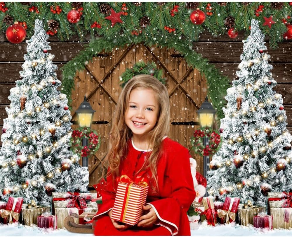 Christmas Backdrop 10X8Ft Wood Barn Winter Christmas Photo Backdrop for Photography Wooden Door Christmas Tree Gifts Snowy Background Kids Adults Family Christmas Eve Party Decoration Props - Nky05219 image number 7