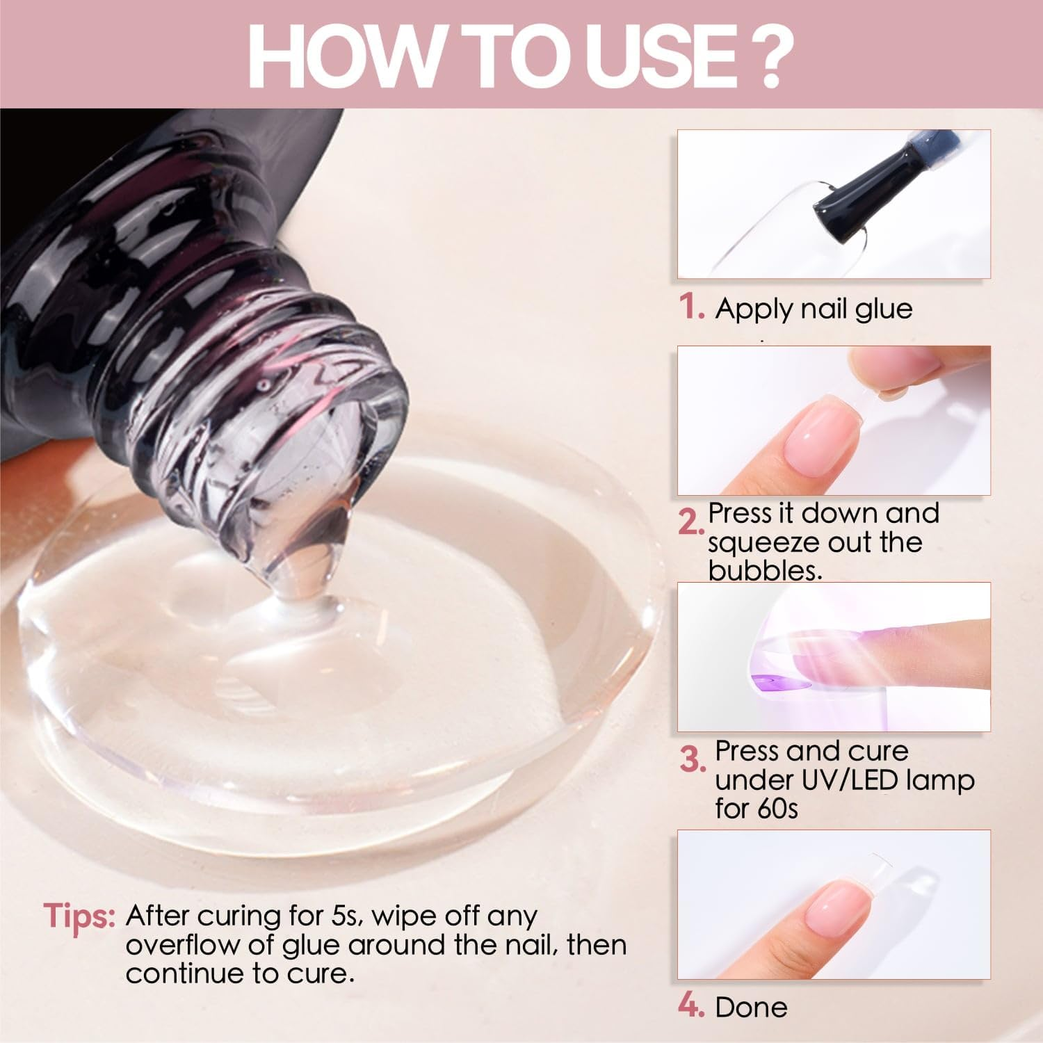 NKA 6 in 1 UV LED Nail Glue Gel, for Soft Gel Nail Tips, Press on Nails, Non Toxic 9 Free Formula, Blooming Gel, Strengthener, Base Coat -8Ml image number 5