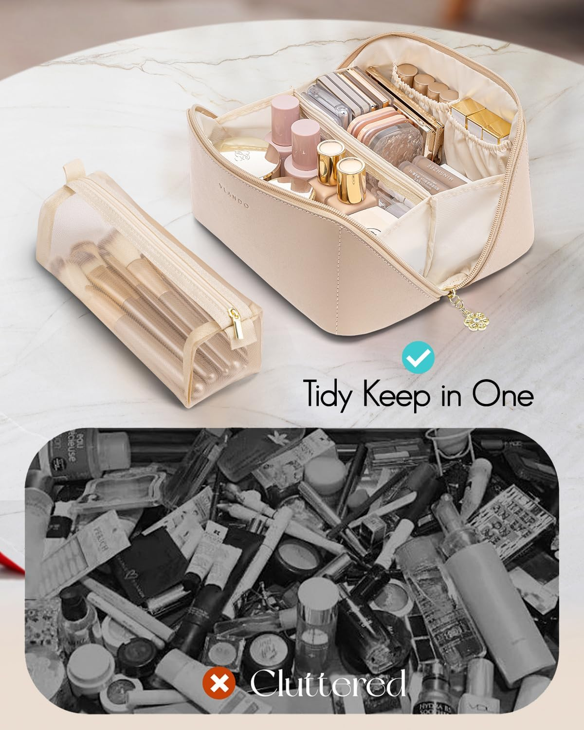 Vlando Travel Makeup Bag,Toiletry Bag for Women PU Leather Open Flat Make up Bag, 01.Toffee, Classic Elegant image number 3