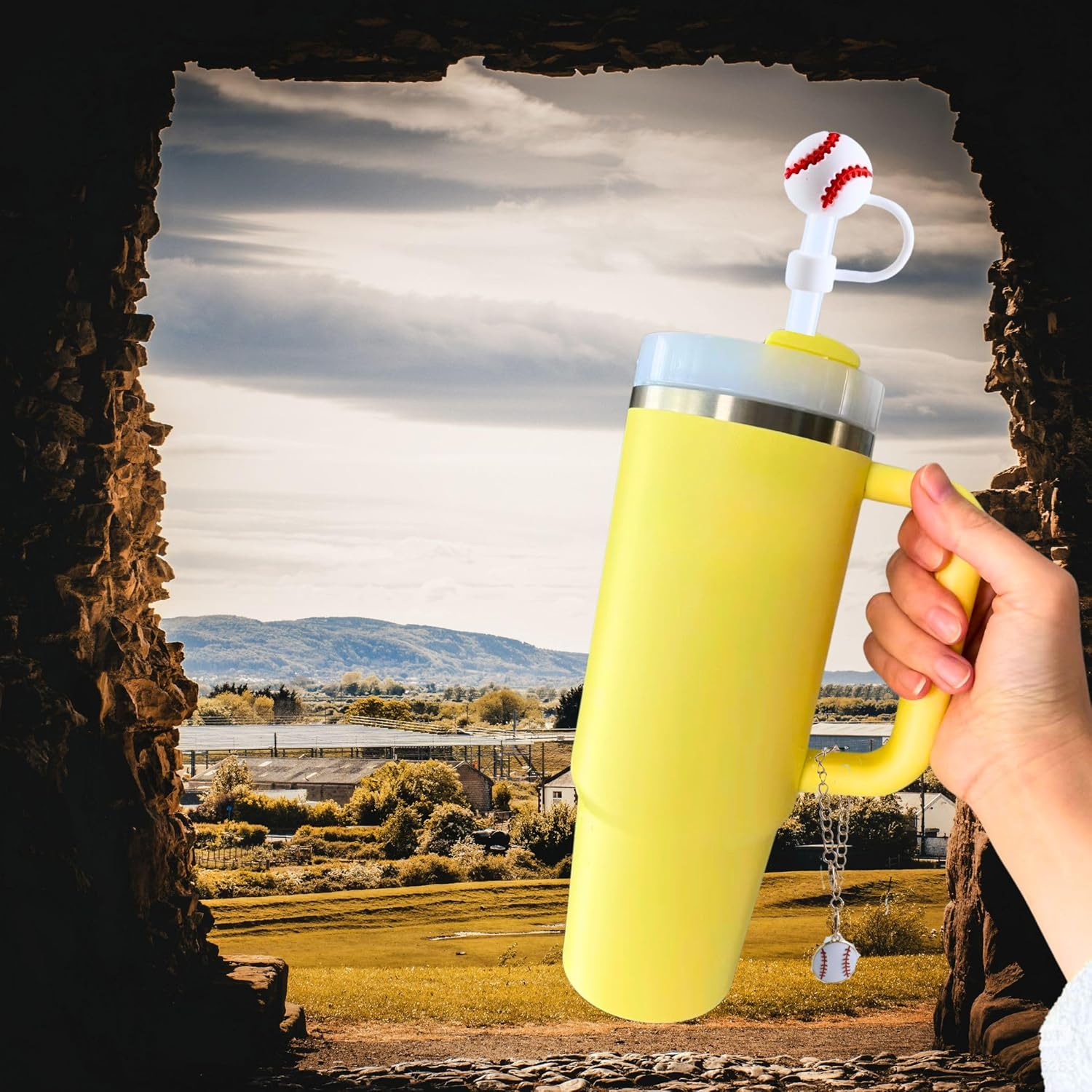 MOTOFITOOL Cup Accessories for Stanley Decorations, 3PCS Straw Topper Cover Cap & 3PCS Metal Charm for Stanley 14/20/30/40 Oz Tumblers, Perfect Accessories for Baseball Moms image number 1