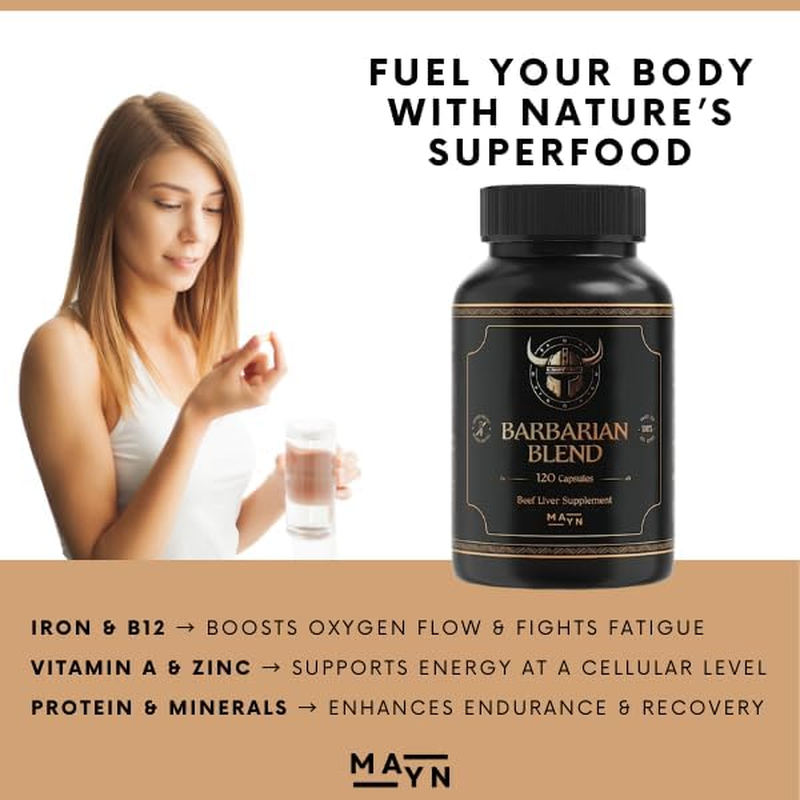 MAYN Barbarian Blend Grass-Fed Beef Liver Supplement Capsules &ndash; 100% Organic Desiccated Blend with Natural Iron, Vitamin B12 & a &ndash; Boosts Heart Health, Energy & Immunity &ndash; Non-Gmo, Gluten-Free, Freeze-Dried &ndash; 120 Capsules