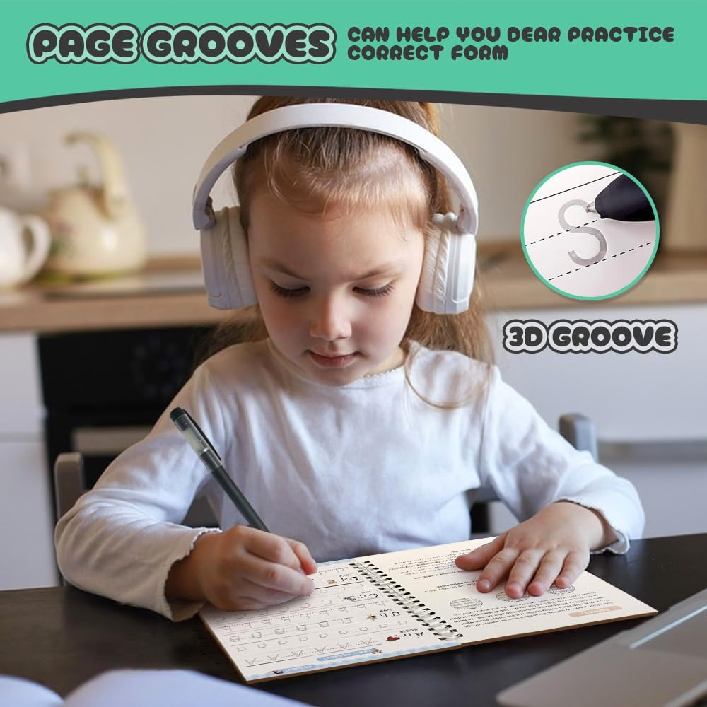 Chamgeco 4-Pack Reusable Magic Ink Practice Copybooks, Grooved Handwriting Workbook Caligraphy Beginners Set with Pen Refill, Preschool Number Letter Tracing Writing Book for Kids Ages 3-6 image number 1