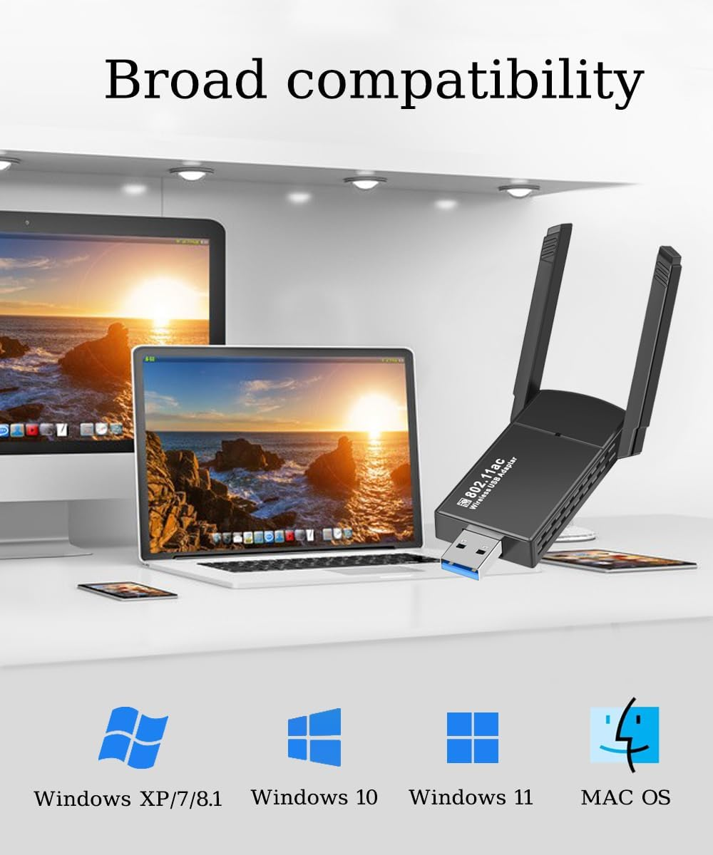 USB Wifi Adapter 1300Mbps,Usb 3.0 Wireless Network Adapter,Dual Band 5Ghz/2.4Ghz,802.11Ac,With 5Dbi High Gain Double Antennas,For Desktop PC Laptop Support Windows 11/10/8.1/8/7/Vista/Xp/Mac10.9-10.15