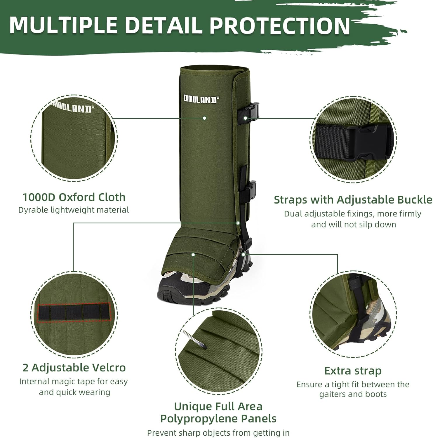 CAMULAND Snake Gaiters for Men & Women, Durable Waterproof Snake Guards for Lower Leg Protection, Adjustable Snake Bite Proof Gaiters for Hunting, Hiking, and Farm Work (Green) image number 1