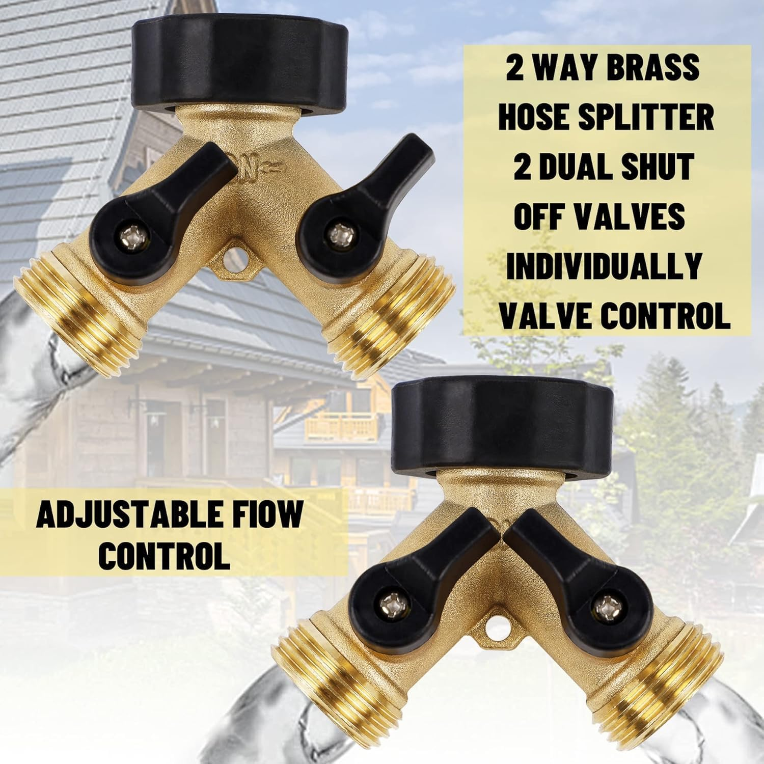 Garden Hose Splitter 2 Way, Heavy Duty Brass Connector Tap Splitter, Y Splitter 2 Valves with 2 Quick Connectors Adaptors and 4 Extra Rubber Washers image number 2
