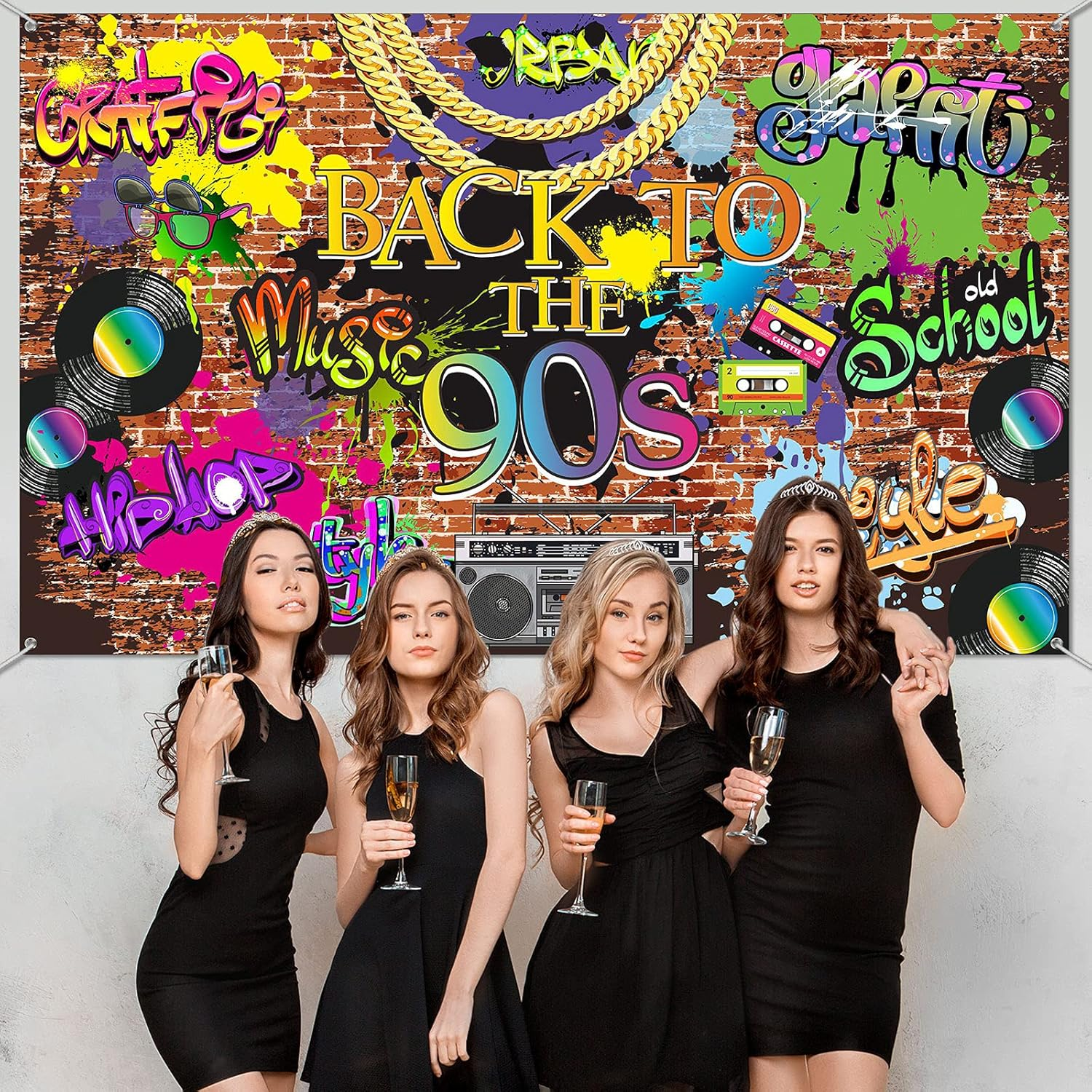 90'S Backdrop Hip Hop Graffiti 90S Party Decorations 5.9 X 3.6 Ft Back to the 90'S Themed Party Banner Brick Wall Retro Radio Photography Background Vinyl Fabric Wall Table Decors Photo Booth Props image number 6