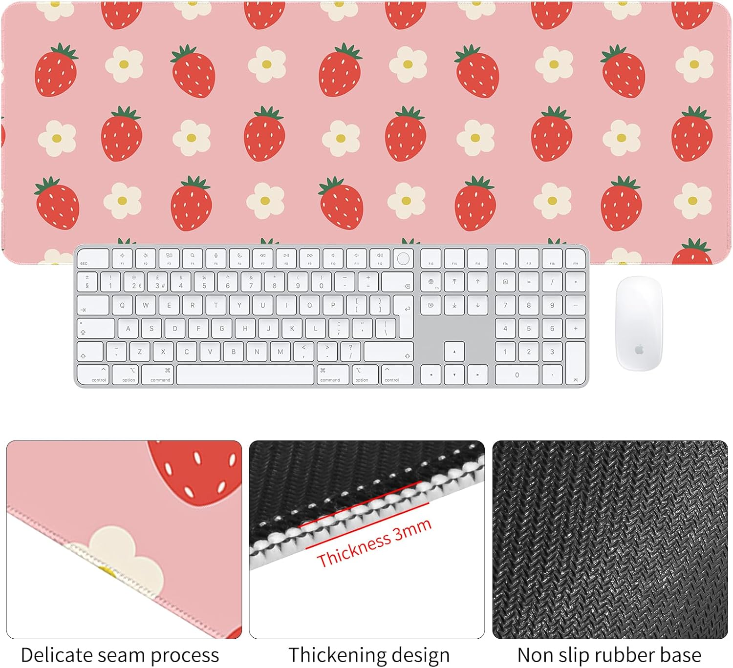 Cute Large Mouse Pad, Aesthetic Mouse Mat with Waterproof and Non-Slip Rubber Base,Gaming Mouse Mat for Daily Office,Home,Desk Pad Mat, 80Cm*30Cm*3Mm(31.5X11.9In), Xl,Pink Strawberry image number 1