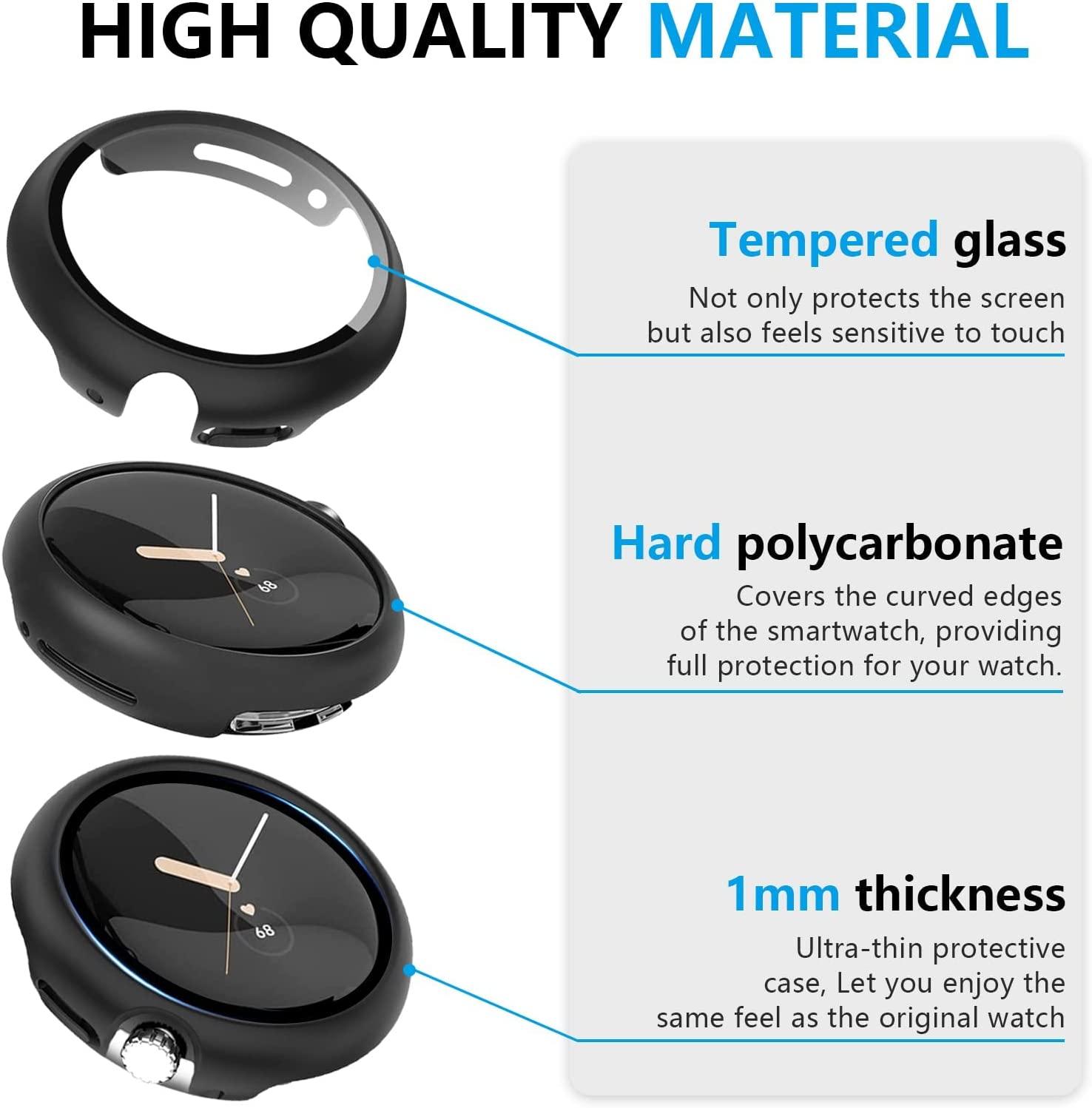 2 Pack ZANZER Hard Case Compatible for Google Pixel Watch 2/Pixel Watch 1 with Tempered Glass Screen Protector, Full Cover Hard PC Slim Scratch Resistant Bumper Cover for Google Black+Black image number 4