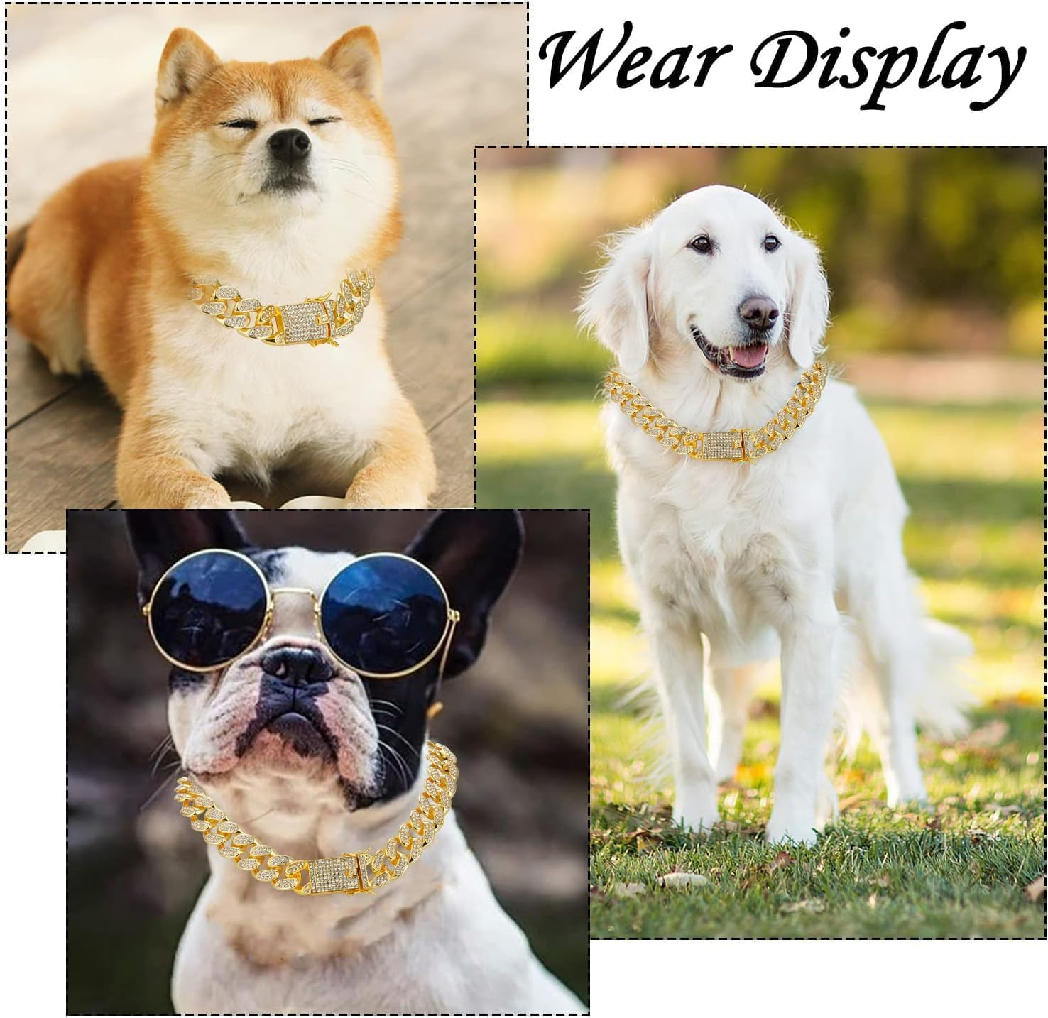 Dog Chain Collars, 15Mm Width Diamond Cuban Link Dog Collar, Gold Chain Dog Collar with Secure Buckle, Dog Necklace Metal Cat Chain for Medium Large Dogs Cats, 18 Inches