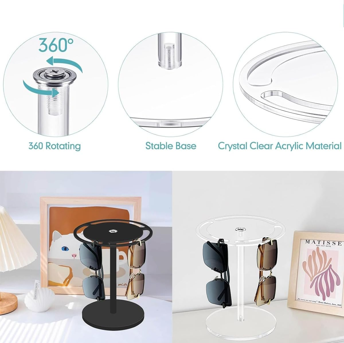 AIMALL Acrylic Glasses Storage Rack, 360 Degree Rotating Eyeglasses Display Shelf, Available in Black and Transparent - Black image number 3