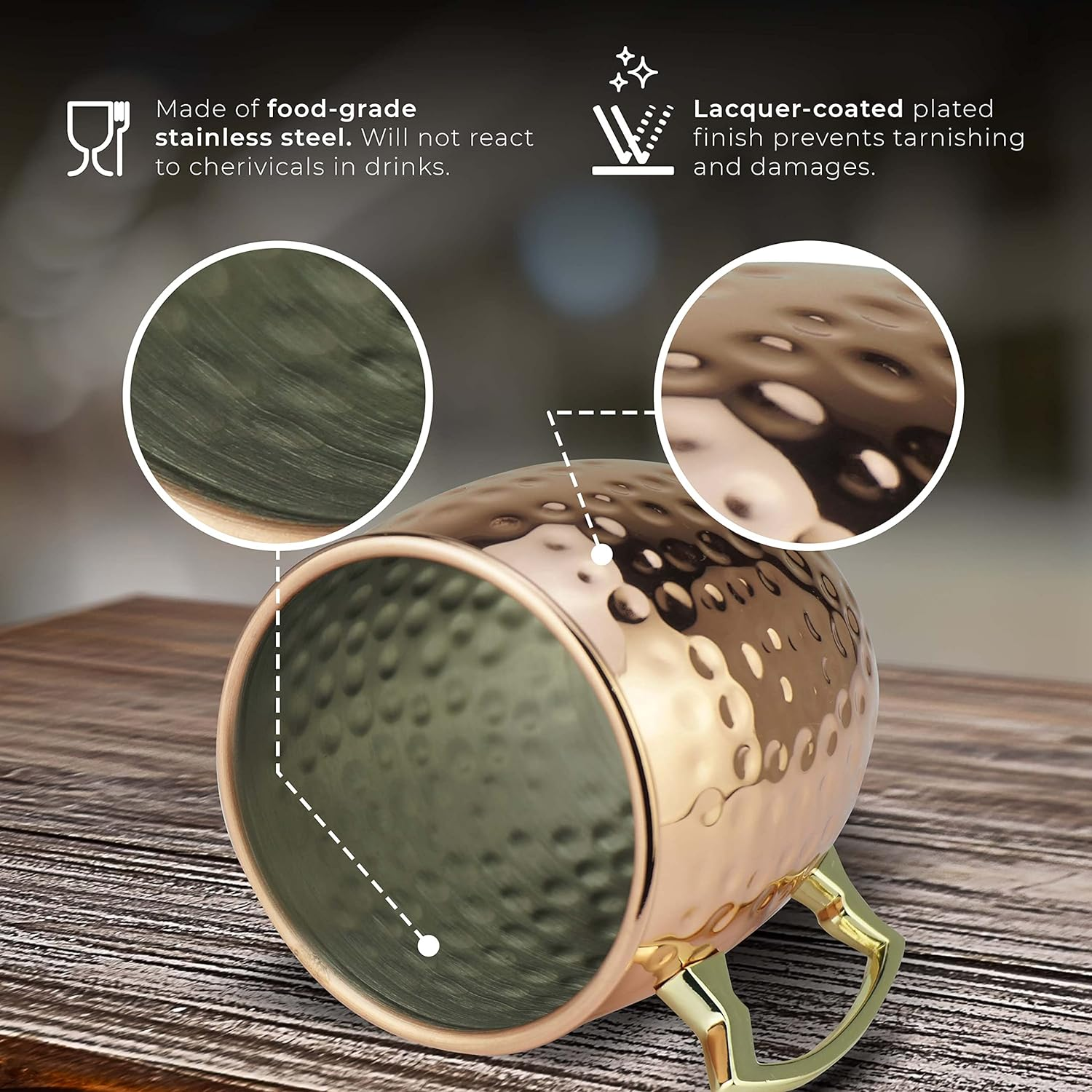 PG Copper Moscow Mule Mugs | Large Size 19.5 Ounces | Set of 4 Hammered Cups | Stainless Steel Lining | Pure Copper Plating | Gold Brass Handles | 2.8 Inches Diameter X 3 Inches Tall image number 4