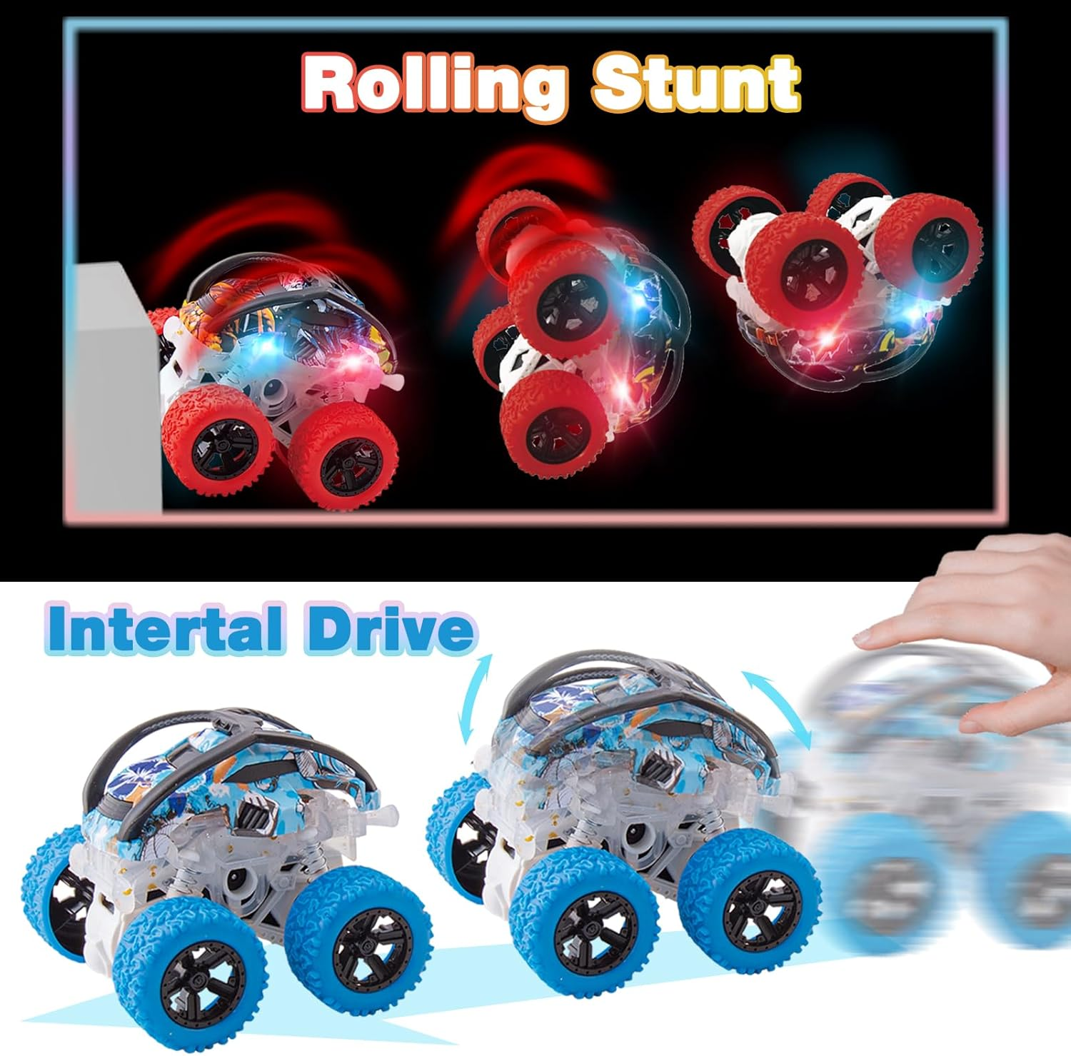 Car Toys for 2 3 4 5 6 Year Old Boys,2 Pack Monster Truck Toy with Lights,4Wd Push and Go Inertia Cars,360&deg;Rotation Pull Back Vehicle,Cool Toys for Kids Age 2-6 Christmas Birthday Party Gift image number 4