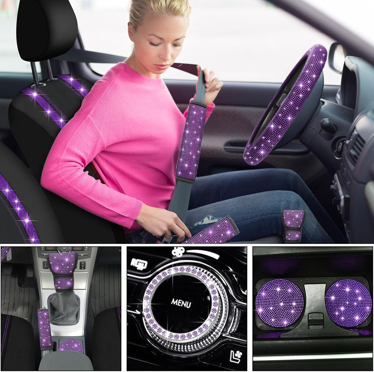 Bling Car Seat Covers Set Car Diamond Accessories with Shiny Bling Car Seat Covers Bling Steering Wheel Cover Seat Belt Pads Glove Glitter Center Pad Cup Drill Rings Universal (Purple, Front Seat)