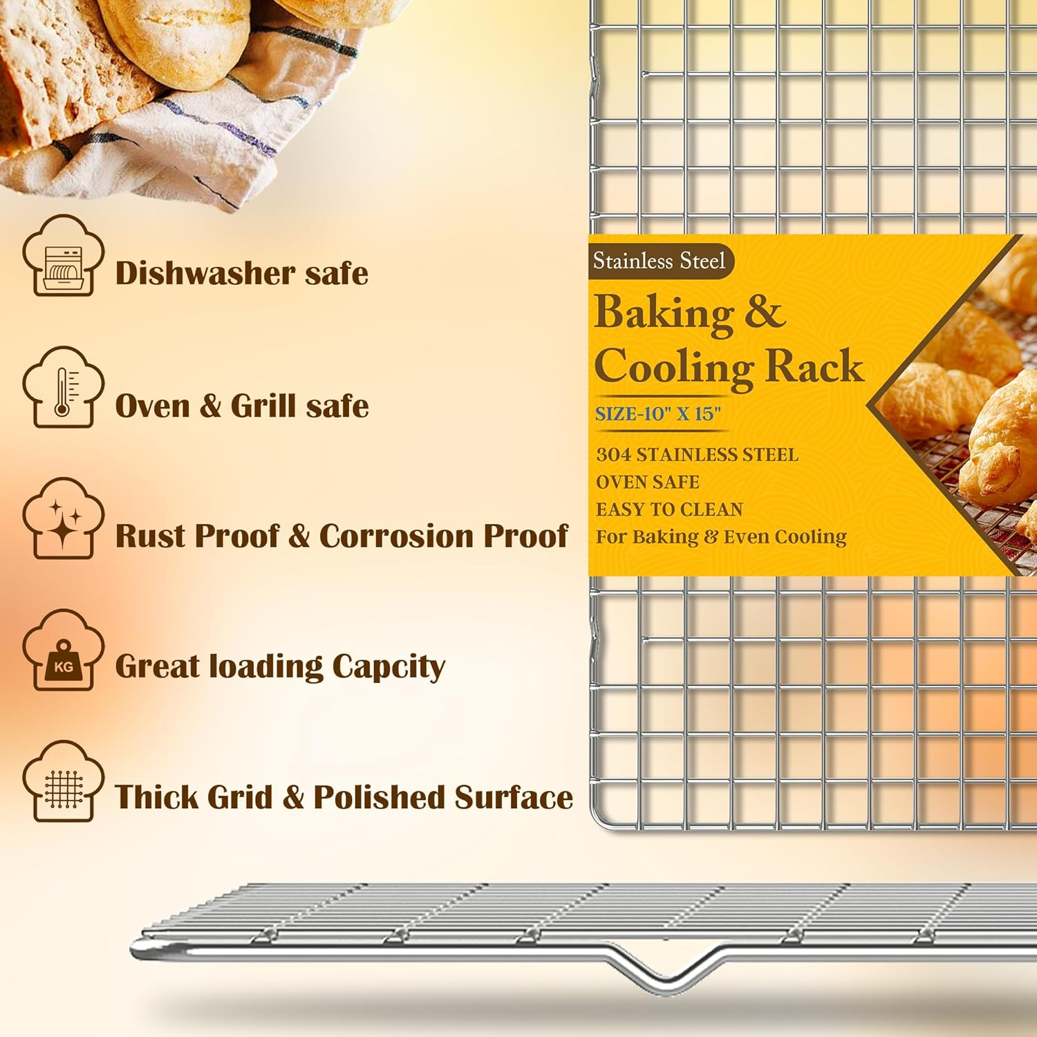 2PCS Cooling Racks for Cooking and Baking - 10" X 15"Heavy Duty Stainless Steel Wire Rack for Baking, Grilling, Roasting - Oven & Dishwasher Safe - Fits Jelly Roll Sheet Pan-Silver image number 6