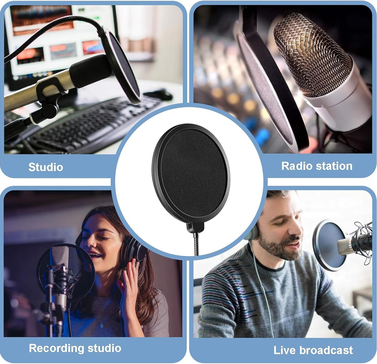 Microphone Pop Filter 6 Inch Dual Layered Pop Wind Screen with Enhanced Flexible 360&deg; Gooseneck Clip Stabilizing Arm Mic Pop Filter Shield Mask for Vocal Recording and Live Broadcasting image number 1