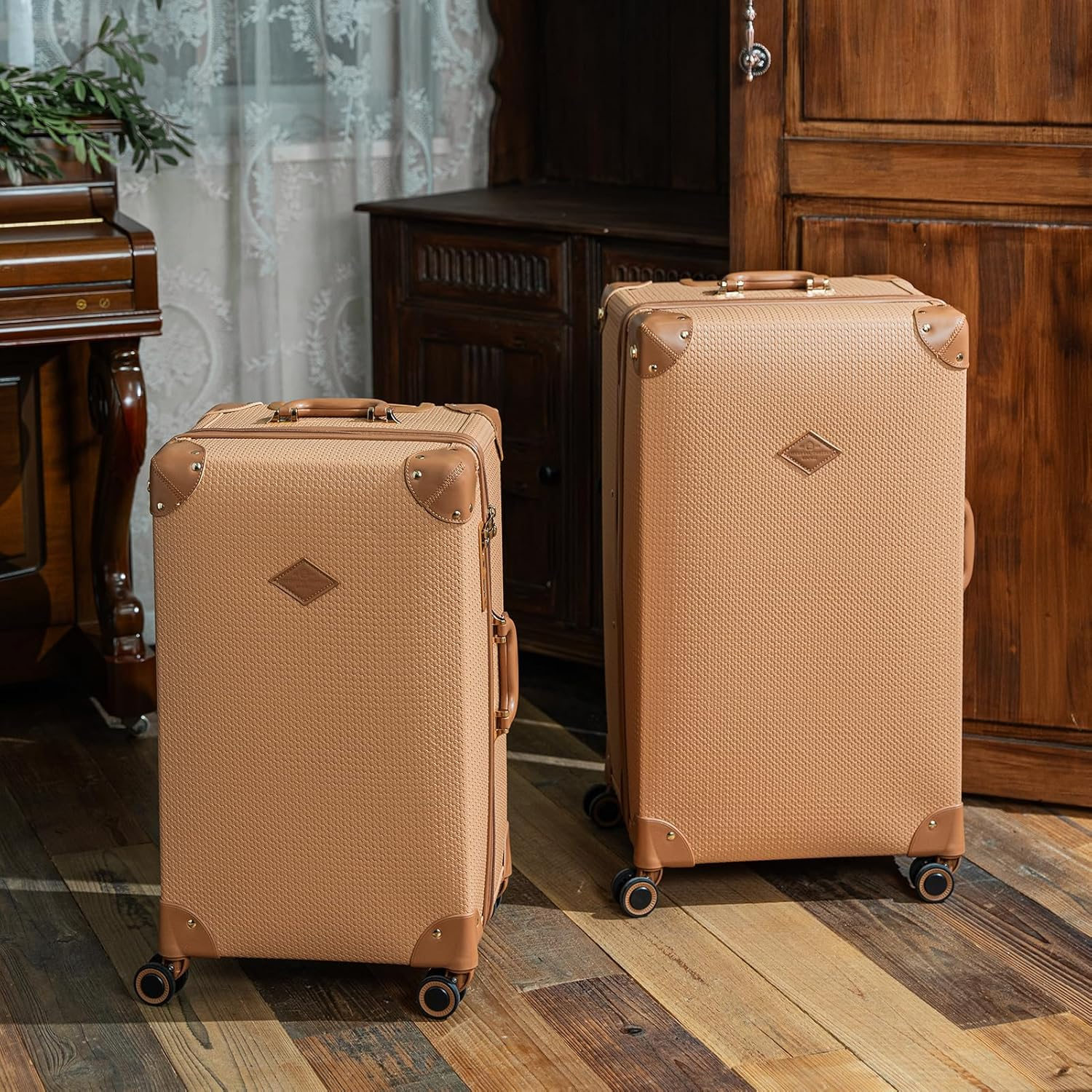 Universal Trotter 3-Piece High-Capacity Lightweight Vintage PU Leather Hardshell Luggage Set (20/24/28 Carry-On & Checked), Water-Resistant PU Trunk Style, 360&deg; Spinner Wheels, Woven Caramel, 20''+24 image number 6