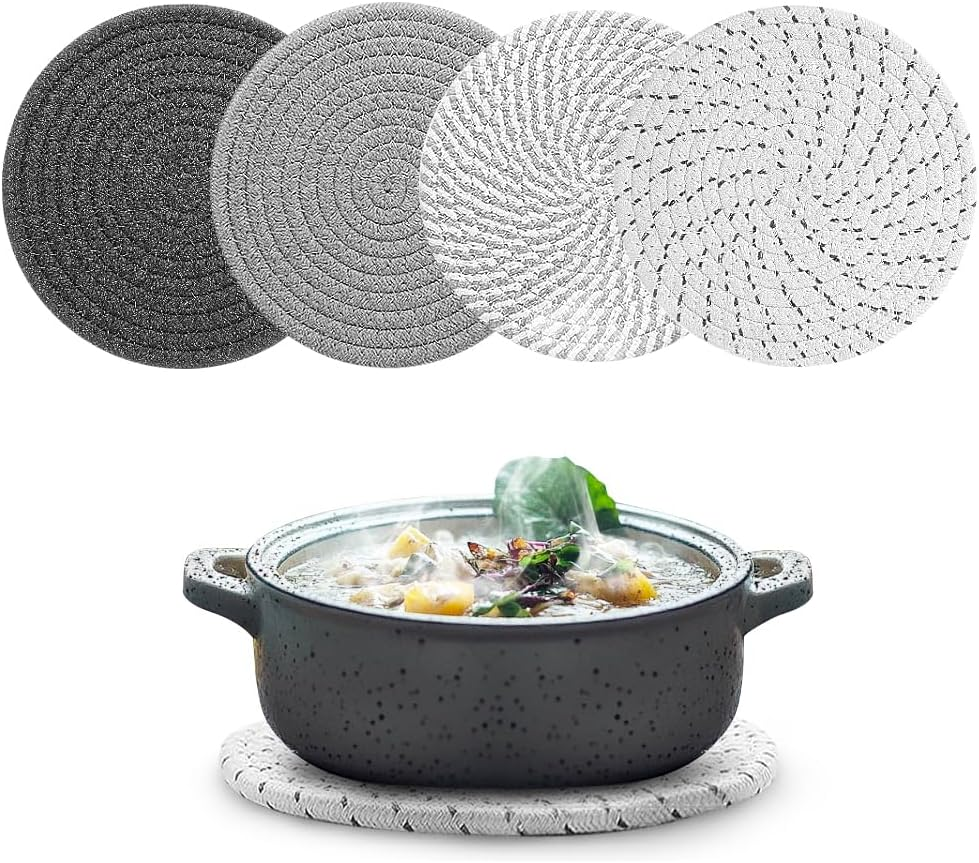 Chamgeco 10-Inch Woven Table Mats Placemats Trivets, 4PCS Heat-Resistant Cotton Braided Pot Holders Non-Slip Hot Pads for Hot Dishes Pans, Kitchen Countertops,Tables, Home Kitchen Essentials(Color 2)