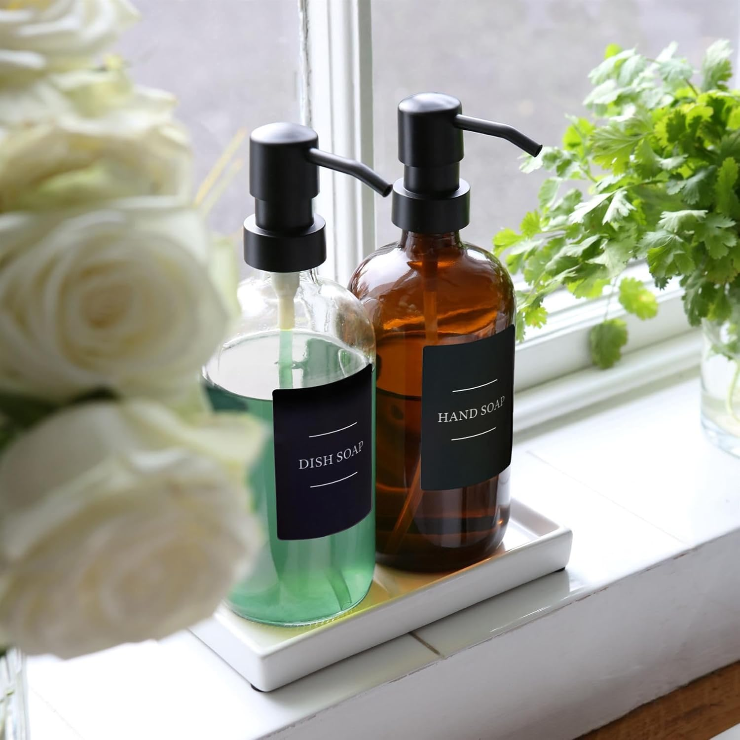 Harbour Housewares Glass Soap Dispensers with Labels - Amber/Black - 4 Pack - 500Ml Refillable Soap Dispensers Hand and Dish Liquid Pump for Bathroom, Kitchen, Laundry Room - Clear image number 3