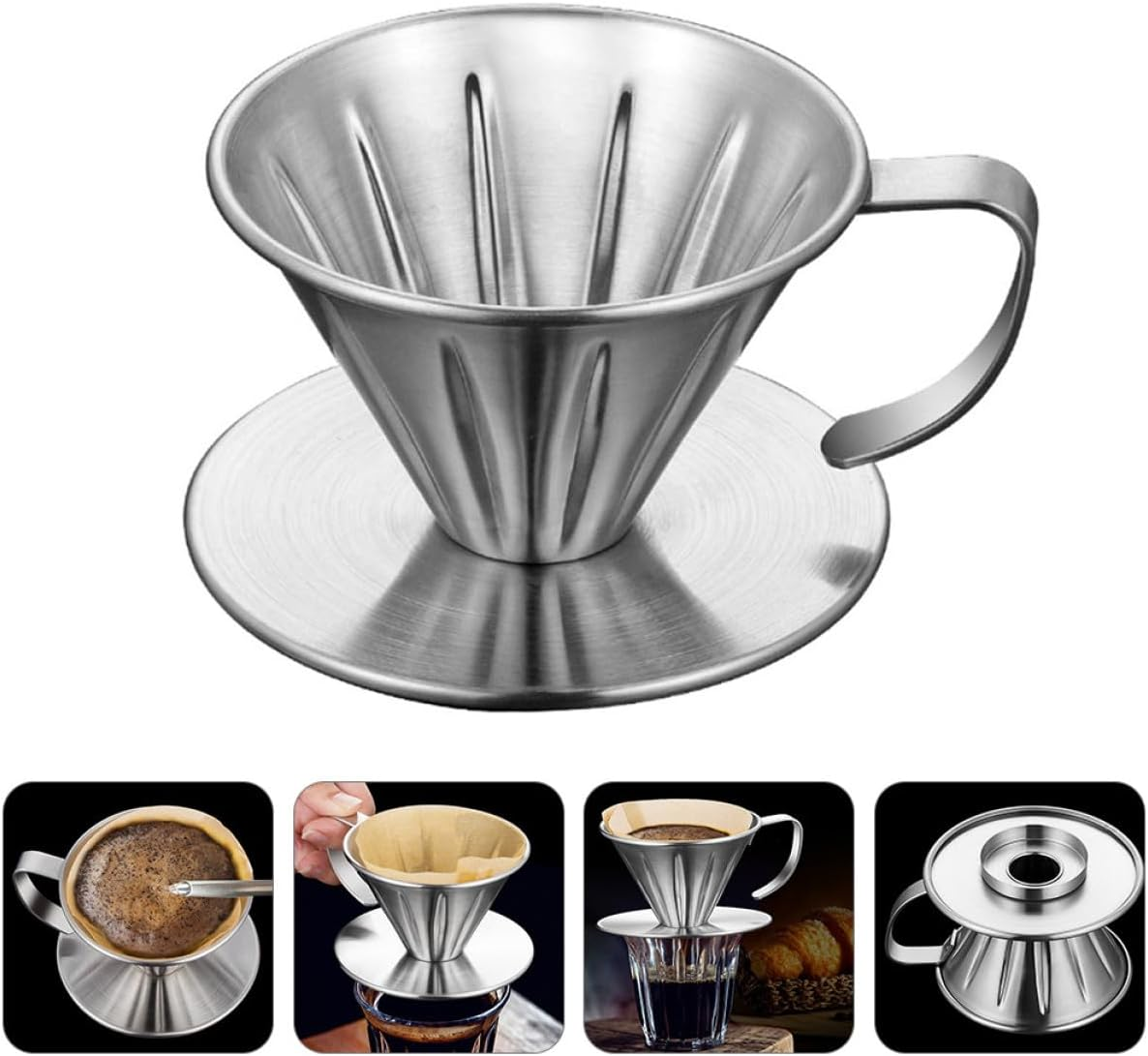 GLEAVI Stainless Steel Coffee Filter Cone Drip Filter with Handle and Base, Small Manual Coffee Strainer Funnel for Home Brewing and Tea Brewing image number 5
