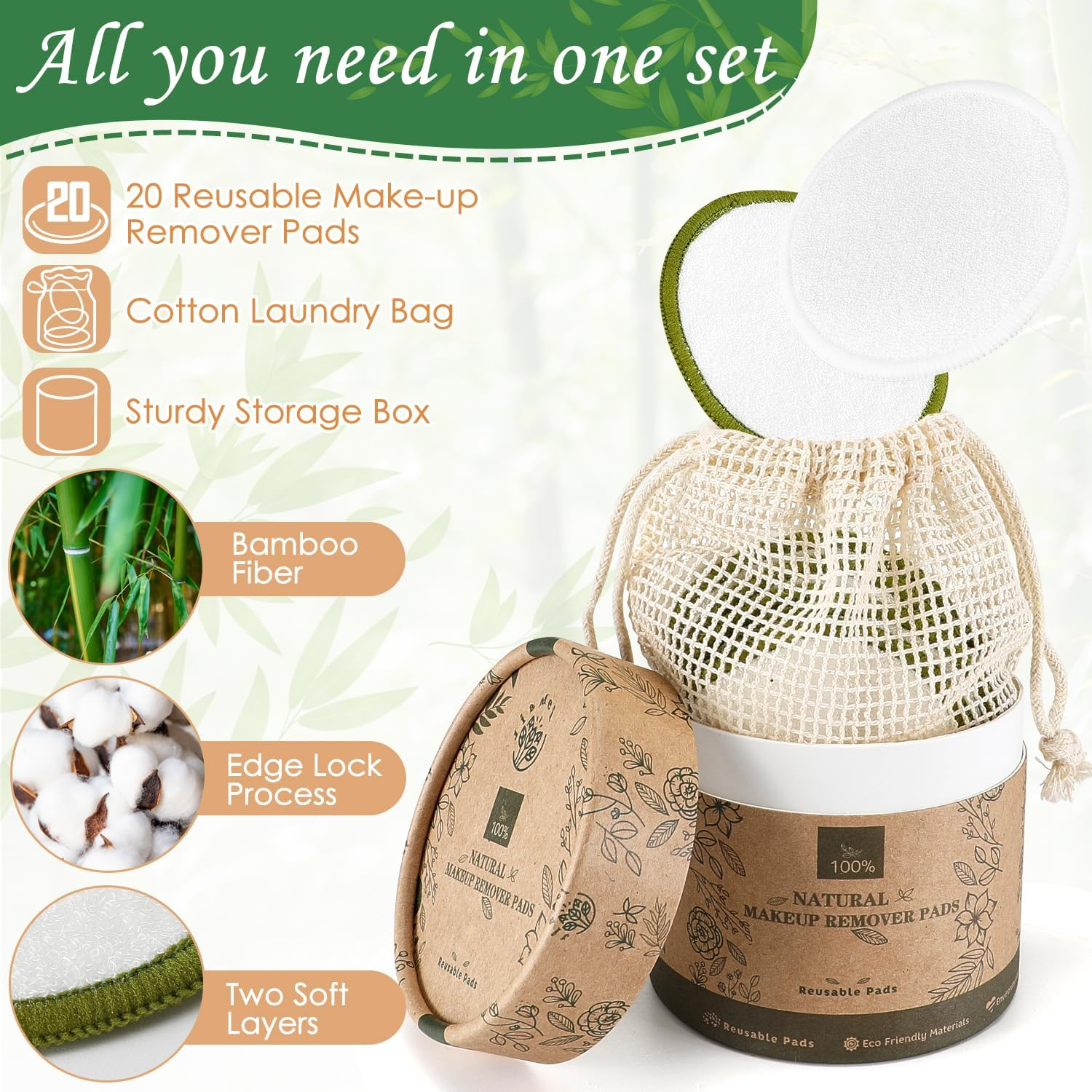 WOTOW Set of 20PCS Reusable Makeup Remover Pads for Face, Washable Bamboo Cotton Rounds Reusable Makeup Cotton Rounds with Mesh Bag and round Storage Box for All Skin Types image number 3