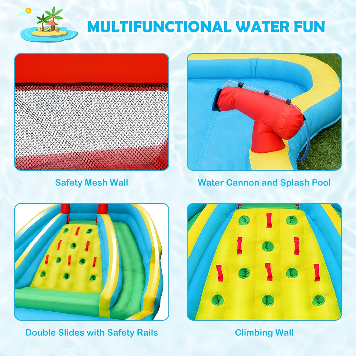 HONEY JOY Inflatable Water Slide, 452 X 365 X 233CM Giant Water Park for Kids W/Double Long Slides, Climbing Wall, Splash Pool, Water Cannon, Blow up Inflatable Bouncer for Outdoor(With 680W Blower) image number 3