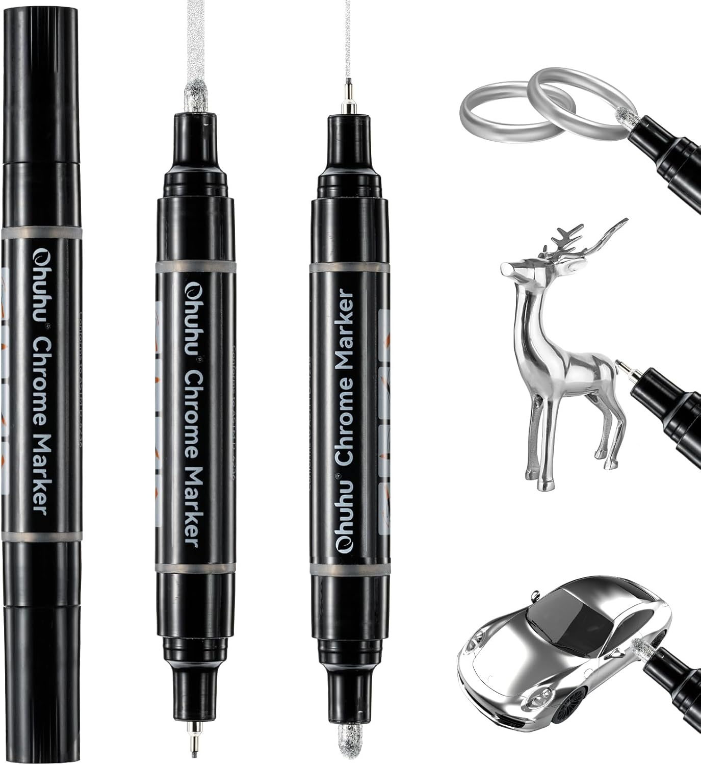 Ohuhu Chrome Paint Pen 3 PCS: Silver Liquid Chrome Markers with Gloss Mirror Water-Proof Lightfast Permanent Paint Markers for Repairing Metal Glass Plastic Car Tire DIY Crafts image number 3