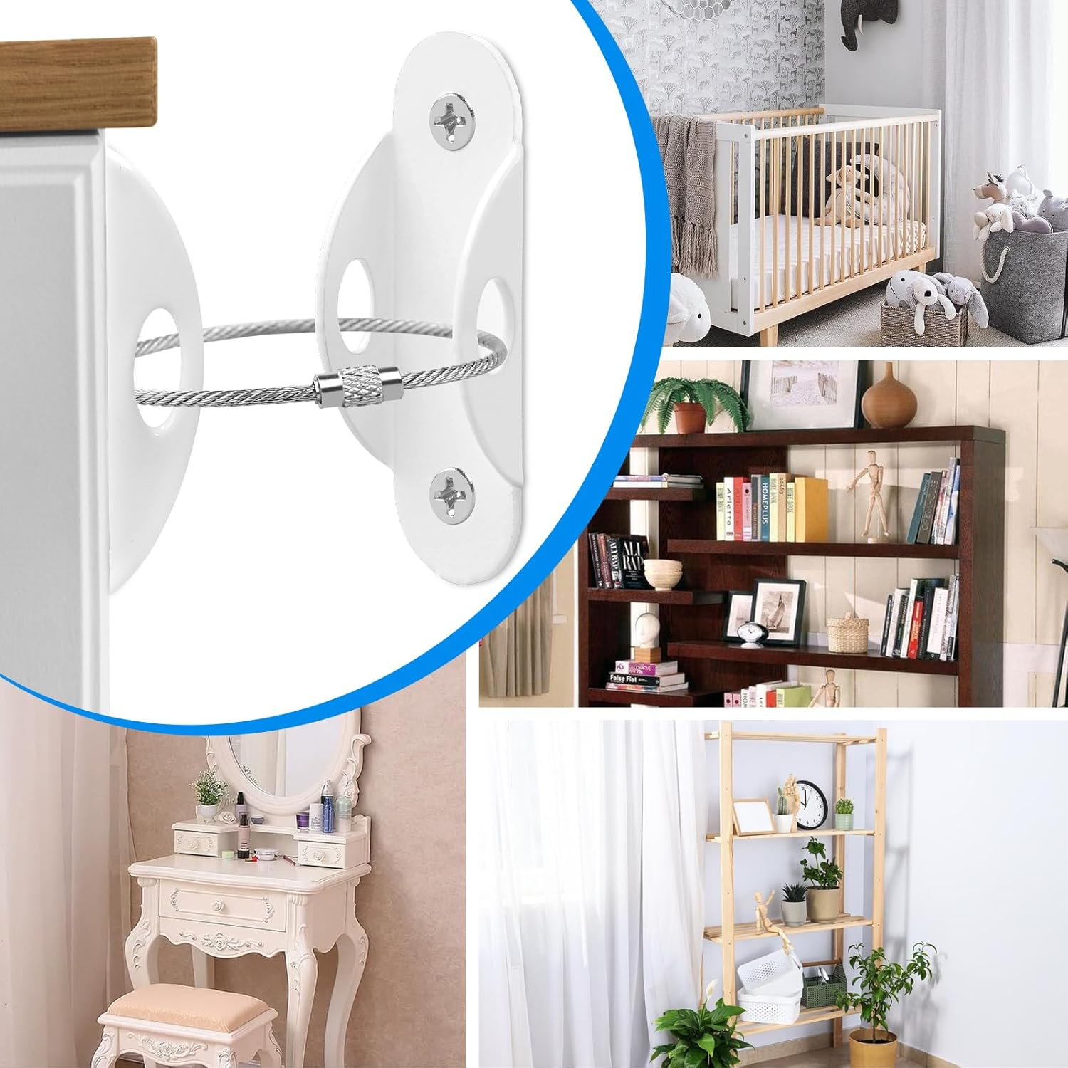 Guirnd 6 Pack Furniture Anchors, anti Tip Furniture Anchors for Baby Proofing, Metal Earthquake Straps Furniture Straps Wall Anchor for Dresser and Bookcase (White) image number 3