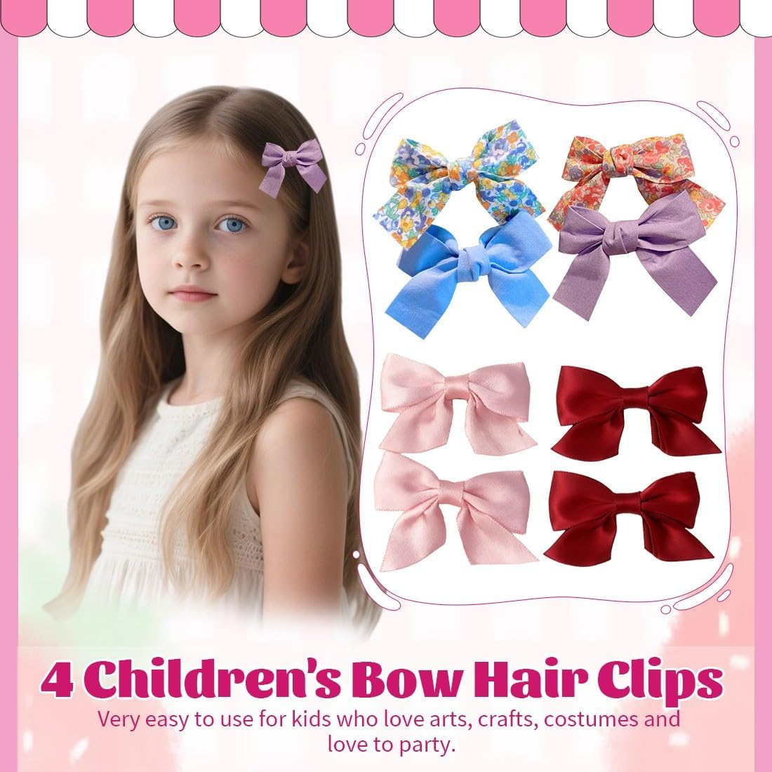 TEOZBLU 4 Pairs of Bows Hair Clips, Red Bow Hair, Hair Clip Hair Bows Girls, Hair Accessories, Women, Non-Slip Crocodile Hair Clips, for Wedding, Birthday (Red/Pink/Blue/Purple) image number 3
