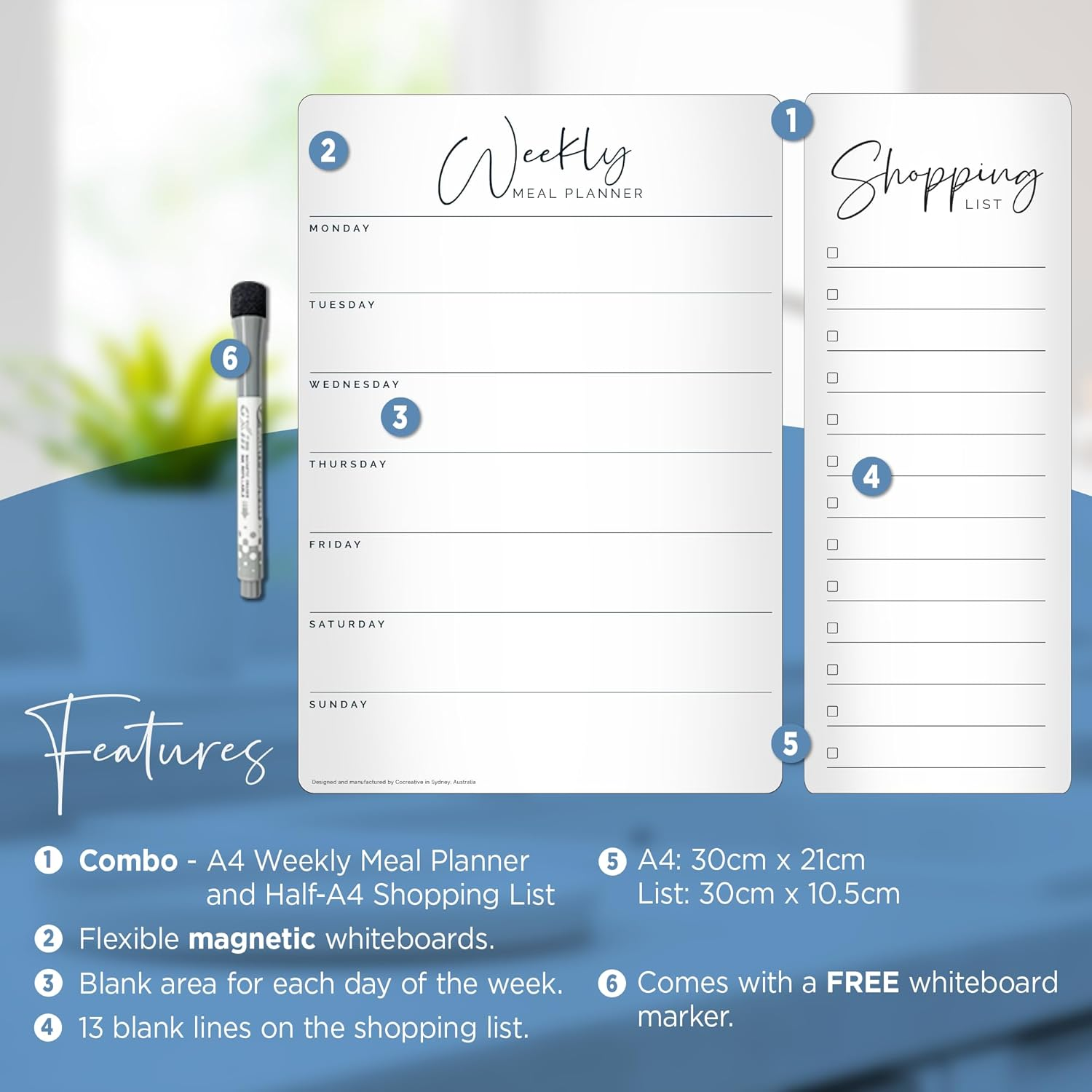 Magnetic Weekly Meal Planner for Fridge - 2 Pack Combo with A4 Planner & Shopping List by Cocreative Design