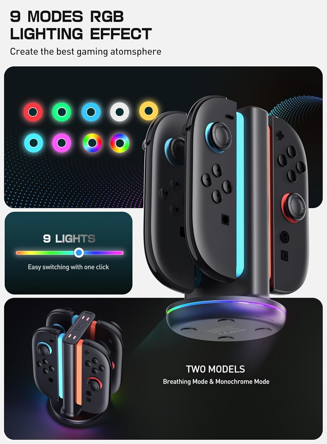 Switch 2 Charging Dock, [Support Double-Sided Charging] [9 Lighting Modes] Magnetic Controller Fast Charging Stand Station Compatible with Switch 2 Accessories image number 5
