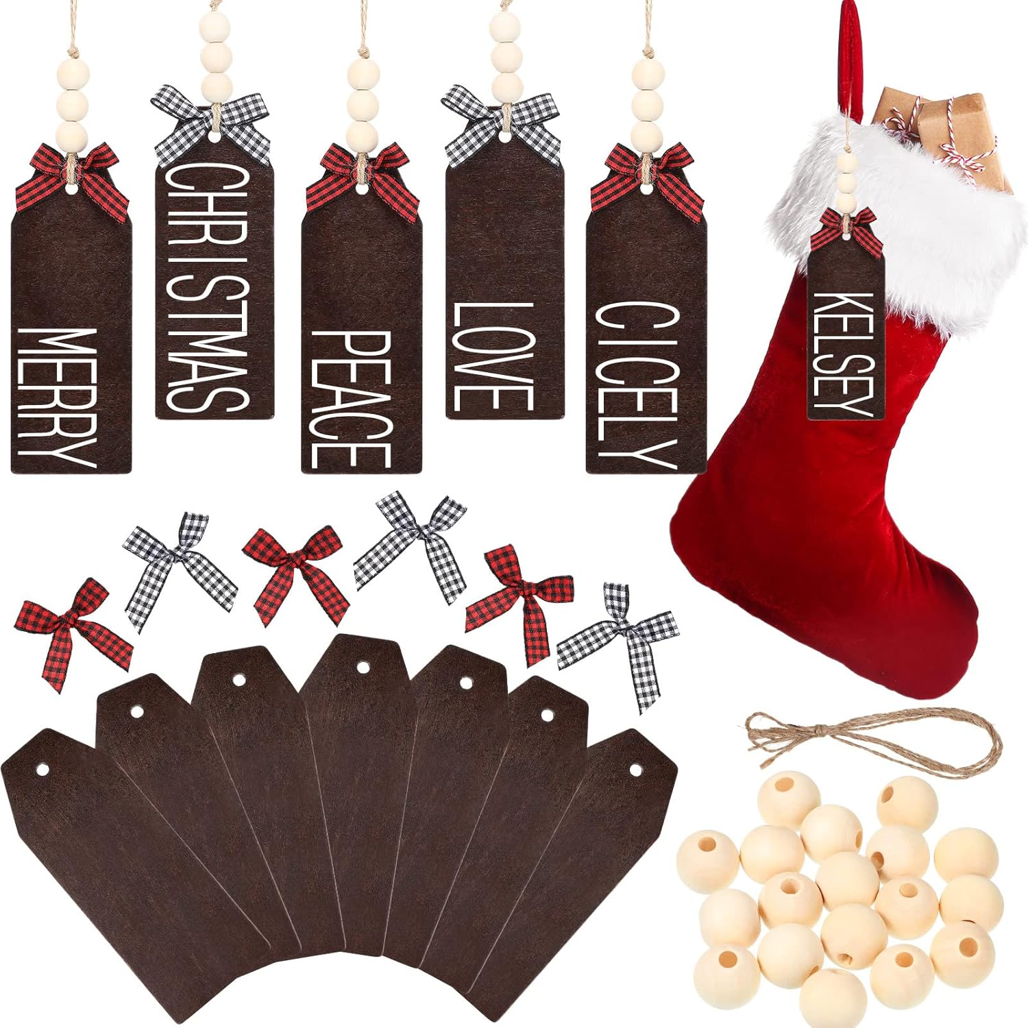 18 Pieces Christmas Wood Stocking Name Tags DIY Stocking Signs Personalized Farmhouse Stockings Name Tag with Buffalo Check Bows for Christmas Closet Xmas Hanging Decoration(Dark Color)