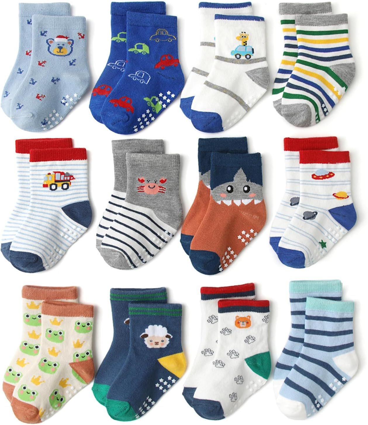 12 Pack Baby Non Slip Socks, Toddlers Kids Soft Cotton Crew Socks with Grippers Non-Skid Ankle Socks for Boys Girls Infant image number 6