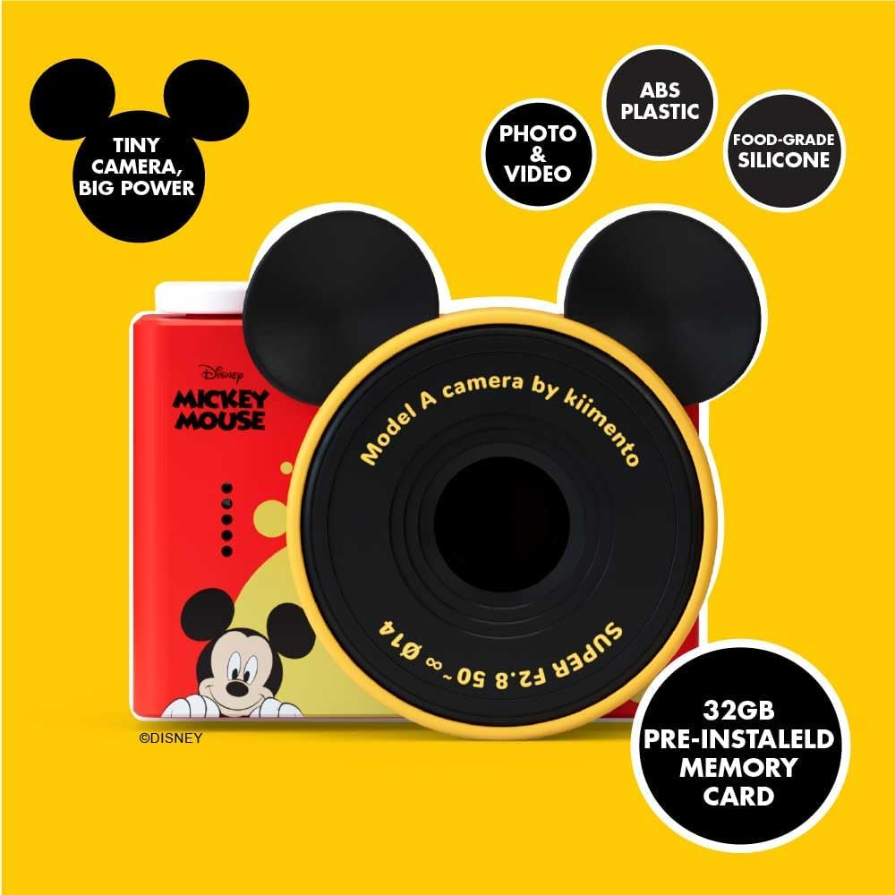 Mickey Mouse Mini Kids Toy Digital Camera & Video Camcorder for Ages 3-5, Teens and Adults, Selfie Lens, 20+ Filters, 12MP, 32GB, 1.55" Screen, Hand Made Strap - Model a by Kiimento image number 6