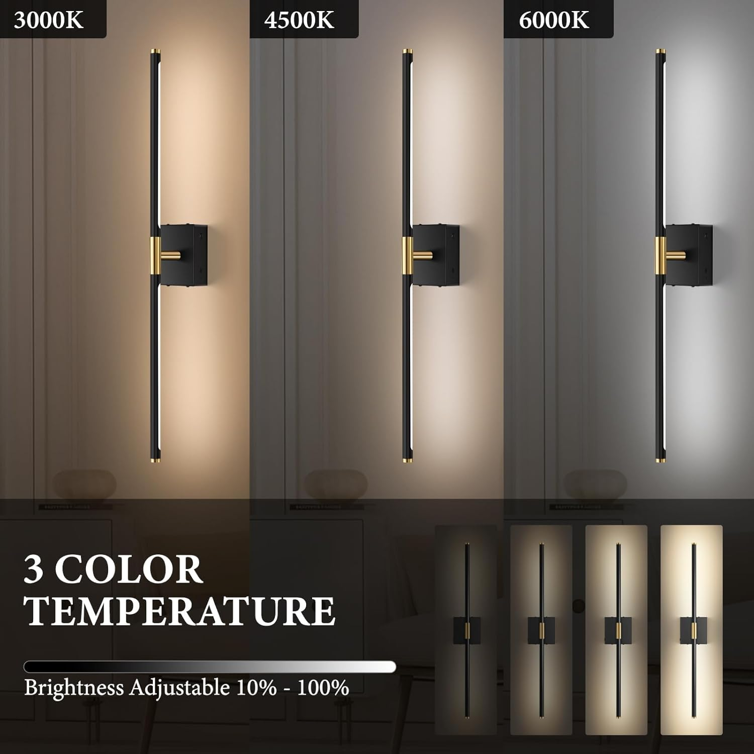 Battery Operated Wall Sconces with Remote Control,Wall Sconces Set of 2,3000K-6000K LED Wireless Wall Light for Bedroom, Hallway, Wall, 360&deg;Rotate,28.3 Inch, 2 Pack (Black) image number 3