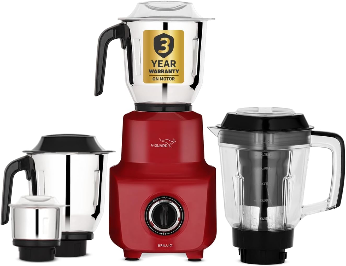 V-Guard Brillio 750 Watt Juicer Mixer Grinder, 3 Year Motor Coverage by V-Guard, 4 Jars(Chutney, Dry, Wet & Juicer), Sturdy Juicer Jar with Quadraflow Design, Precisionblend SS Blades | Mars Red image number 1