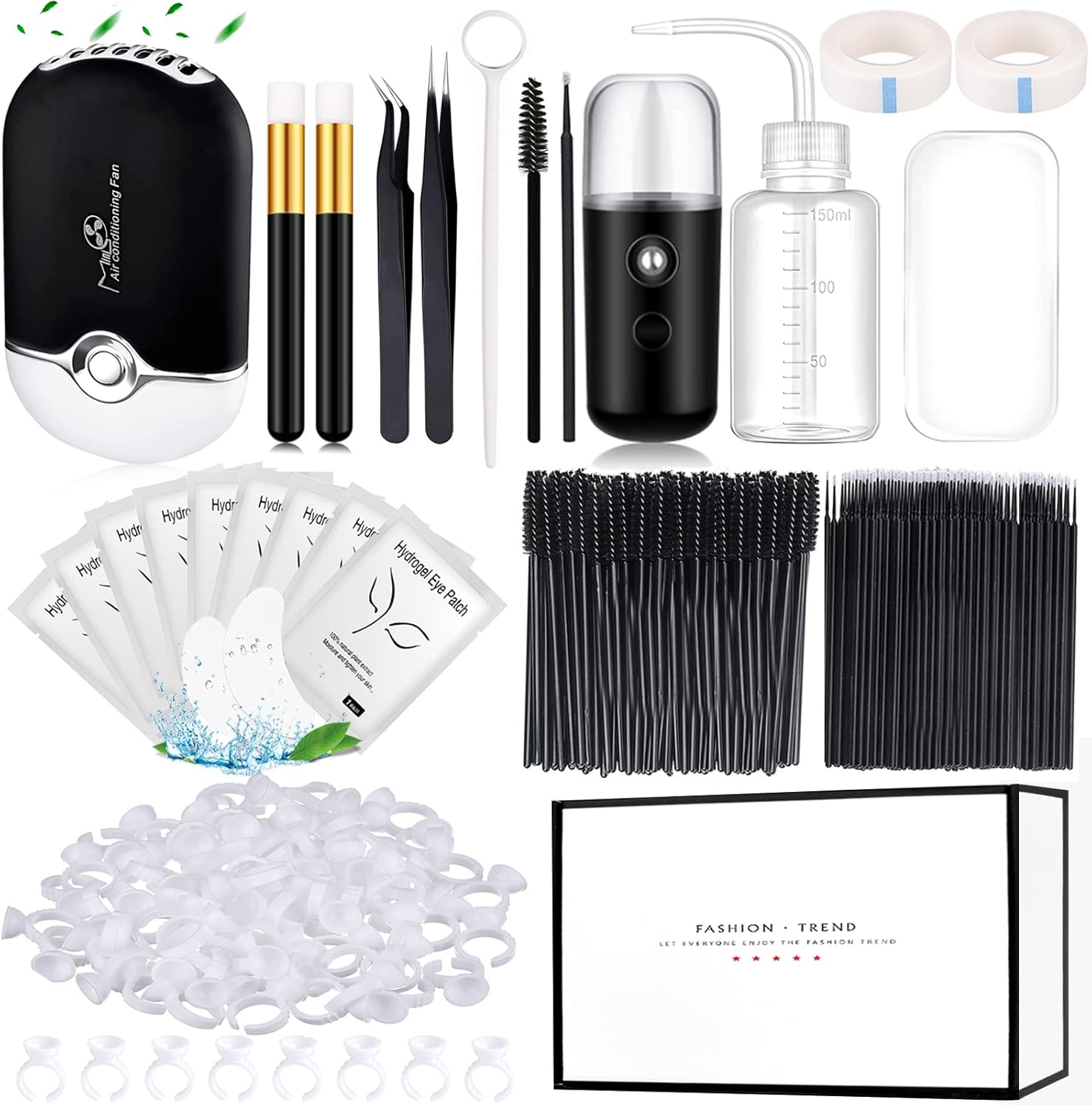Eyelash Extension Supplies USB Air Conditioning Blower Facial Mister Lash Tweezers Mirror Mascara Brush Lash Shampoo Brush Bottle Silicone Pad Glue Rings under Eye Gel Pads Micro Applicators Tapes