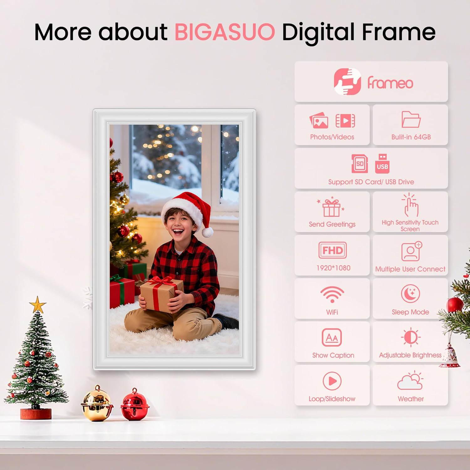 64GB 15.6 Inch Frameo Digital Picture Frame White, Large Electronic Photo Frames Wifi 1920 X 1080 IPS FHD Touch Screen, Send Photos from Your Phone from Anywhere, Best Gifts for Family and Friends image number 1