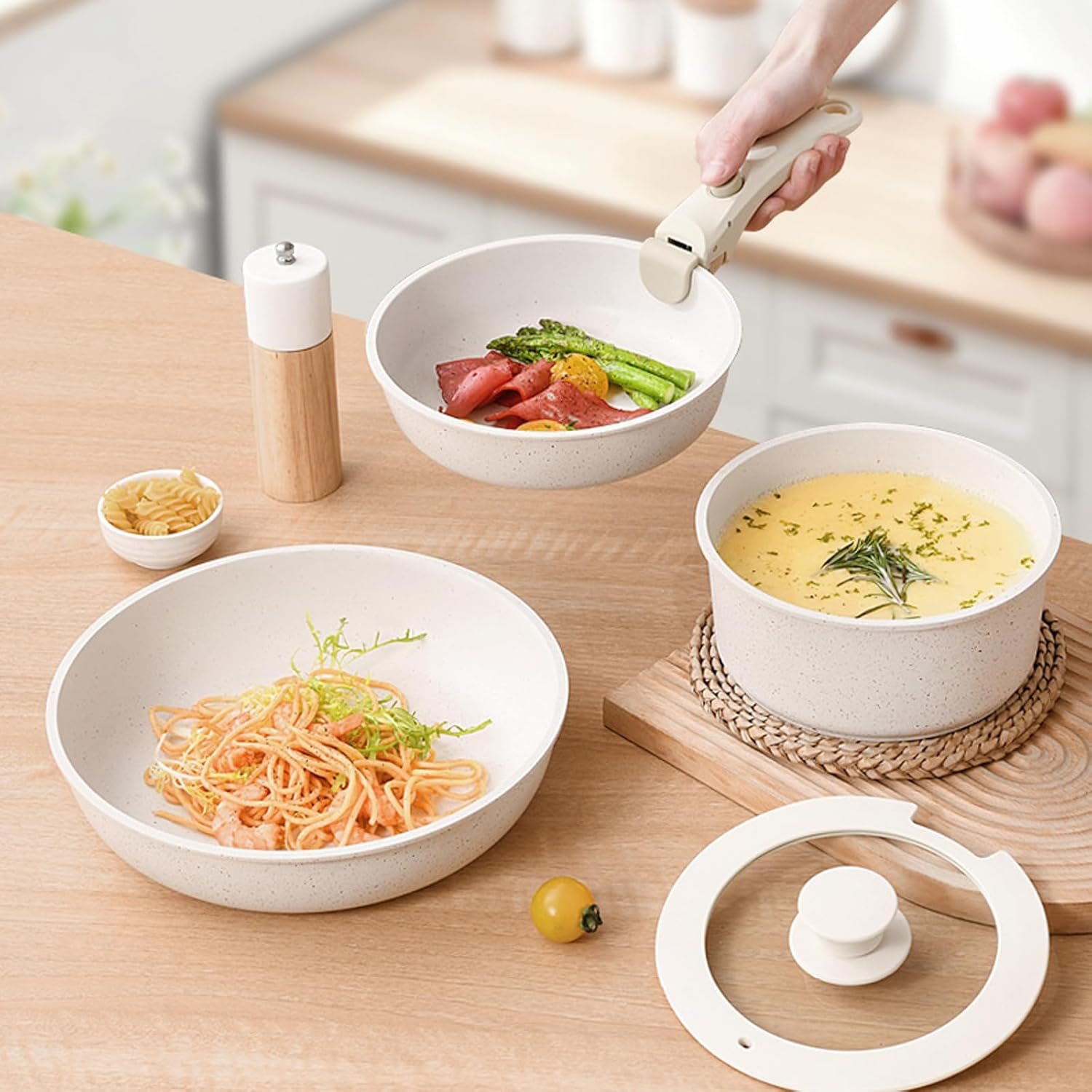 17 Piece Pots and Pans Set, Nonstick Kitchen Cookware Set, Ceramic Induction Detachable Handle Cookware, Non Stick Cookware Pan Set with Removable Handle for All Stove Tops, PFAS and PFOA Free image number 5