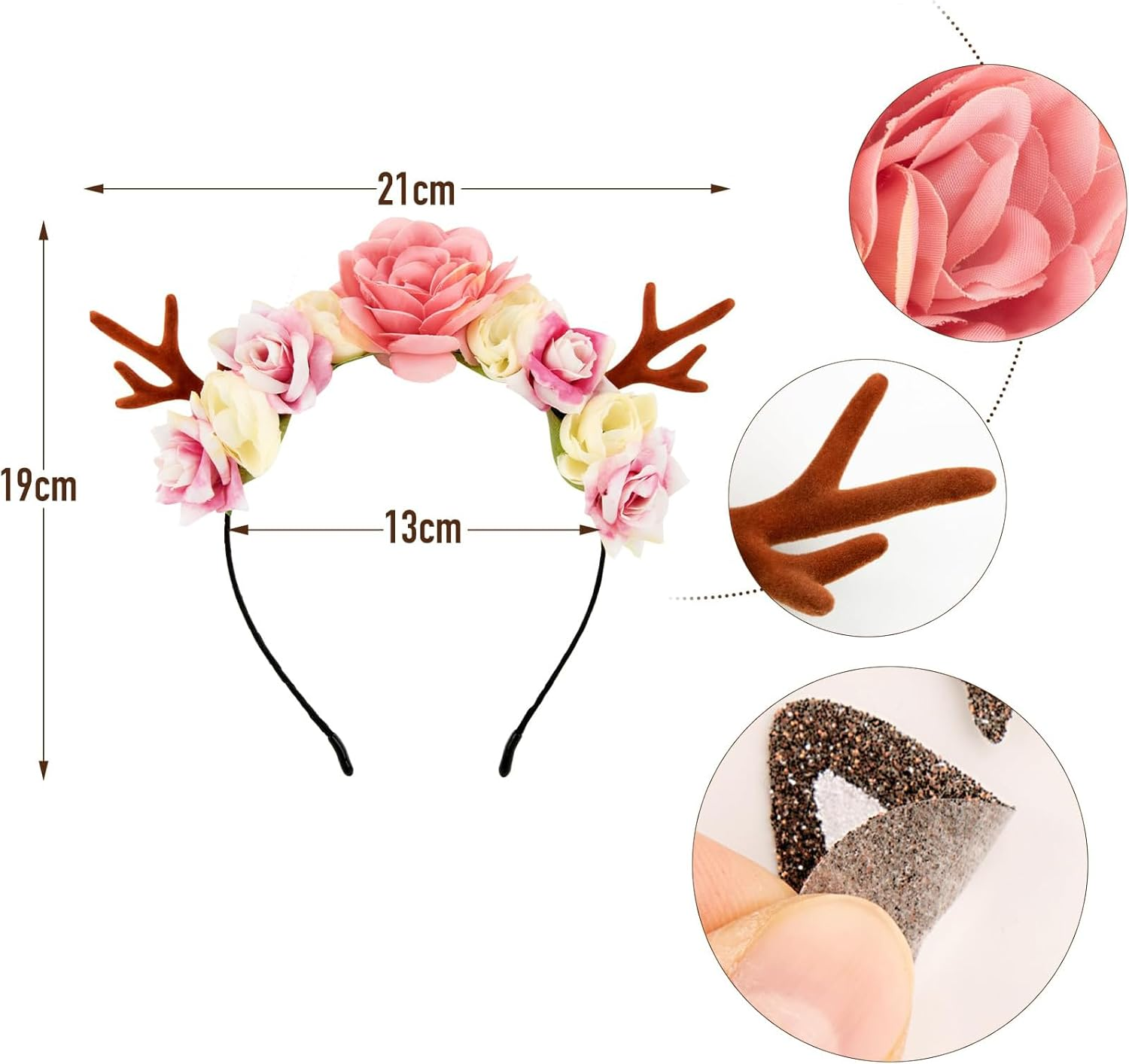 Christmas Flower Deer Headband,Flower Crown Reindeer Antlers Headband,Xmas Hair Accessories Festival Photo Props Floral Wreath Headdresses Forest Fairy Costume Photography Hair Hoop for Women Girl image number 3