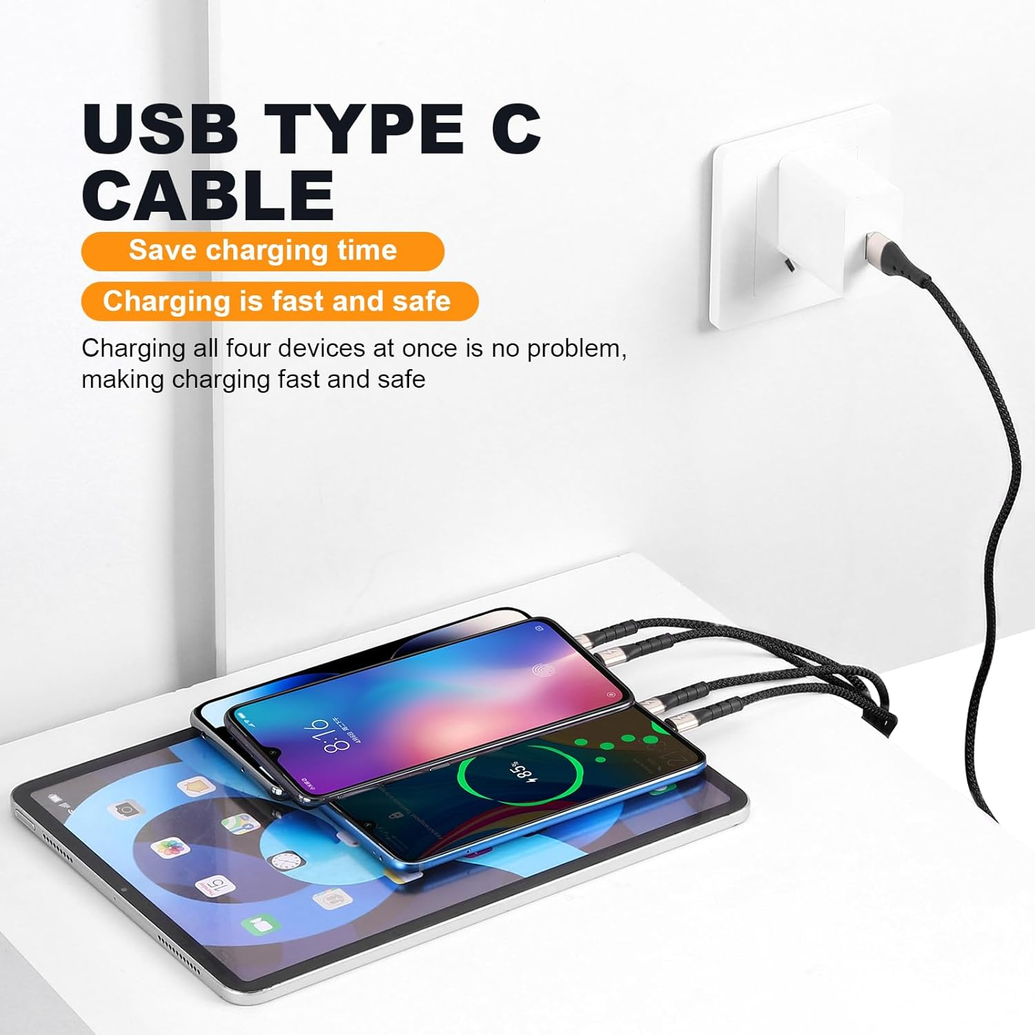 SIQIWO Multi USB C Cable Fast Charging, [1.2M/QC 3.0/3A] USB C Splitter Cable, 4 in 1 Charger Cord with 4 Type C Ports, for Iphone 17/16/15 Series, Ipad Air/Pro, Samsung Galaxy S25, Pixel, Sony, PS5 - Blue image number 2