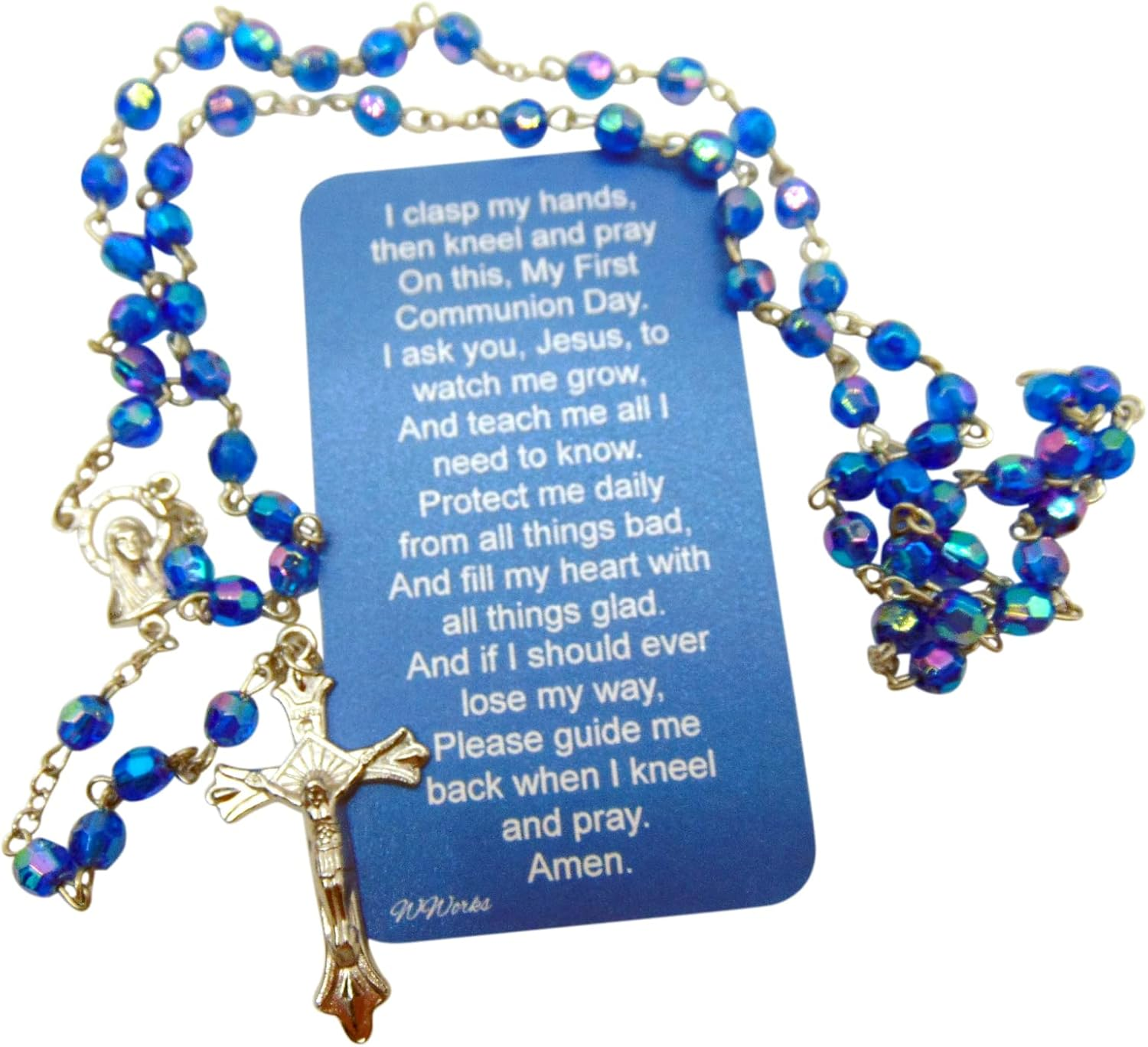 Westmon Works First Communion Rosary Set Blue Glass Beads in a Protective Case with Matching Holy Prayer Card, Metal, No Gemstone