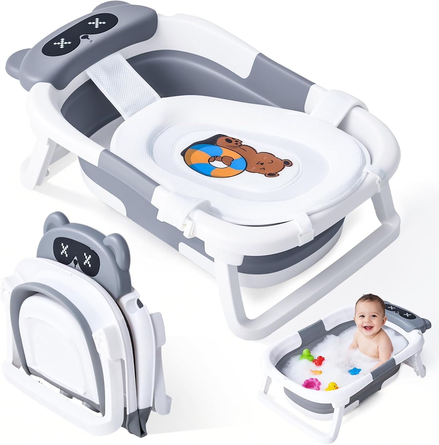 Collapsible Baby Bathtub for Newborn to Toddler,Durable Essential Grooming Infant Shower Tub,Portable Travel Baby Tub with Soft Cushion,No-Slip Hanging and Detachable image number 3