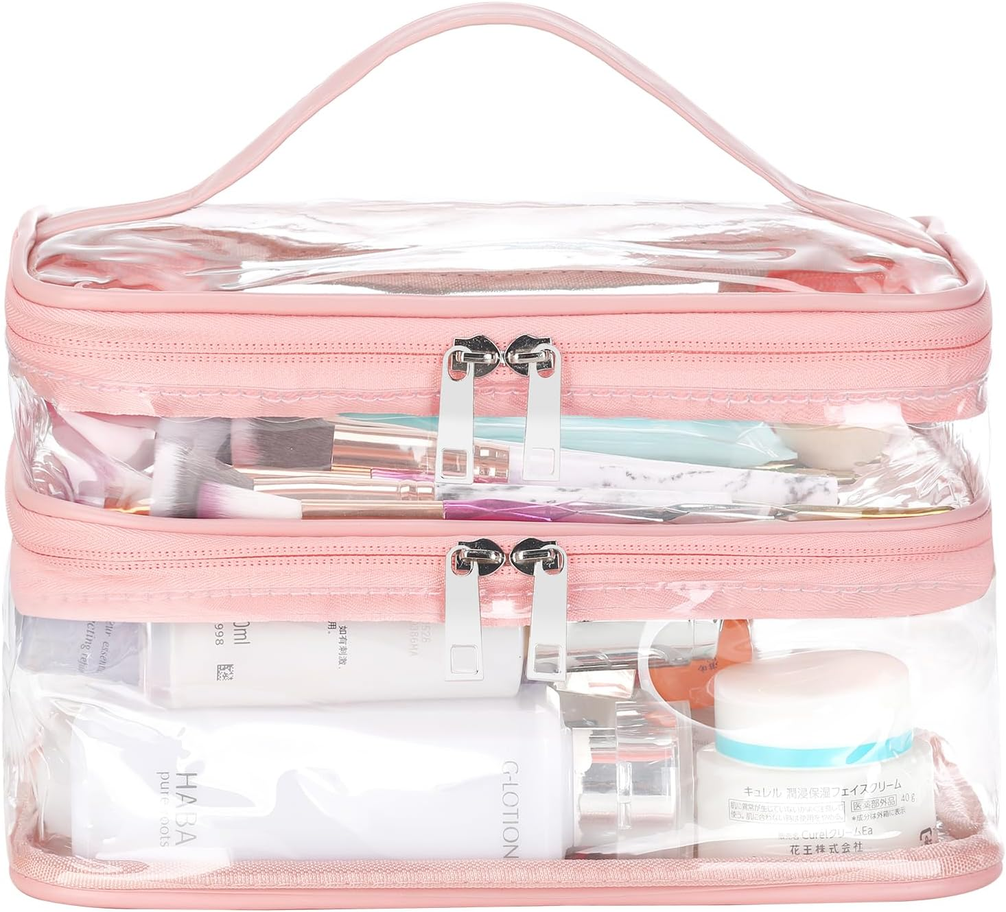 HAOGUAGUA Double Layer Clear Cosmetic Bag Makeup Bag, Waterproof Travel Toiletry Bag, Transparent PVC Pouch Organizer, Pink Large, Double Layer Clear Cosmetic Bag - Black-Large image number 2