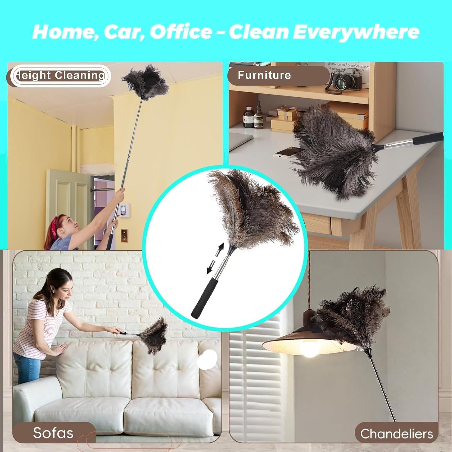 Extendable Ostrich Feather Duster up to 17-40 Inches Fluffy Feathers Long Handle Reusable for Cleaning Ceiling Fan Pendant Lamp High Ceiling Blinds Furniture Feather Duster image number 2