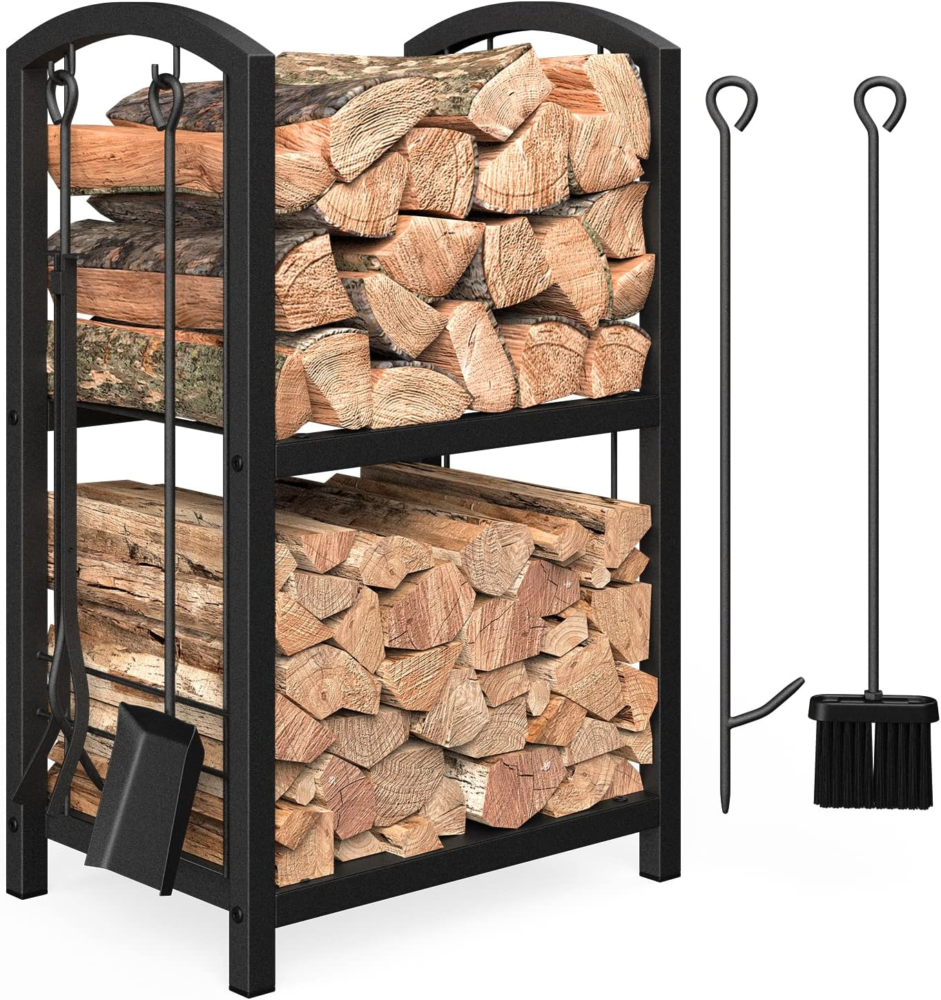 Mr IRONSTONE Firewood Rack with Fireplace Tools Set, Fireplace Tool Rack for Indoor Outdoor Fire Log Holder Wrought Iron Large Wood Stove with Firepit Tools, Brush, Shovel, Poker, Tongs, Black image number 1